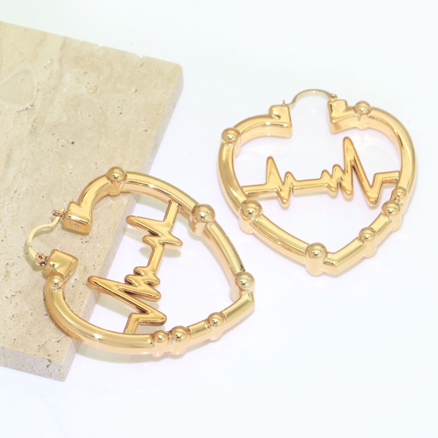 Gold / Silver Bamboo Hoop Earrings, 18K Gold Filled Hoops Heart Beat Medium Earring Lightweight Statement Hoop - DLUXCA