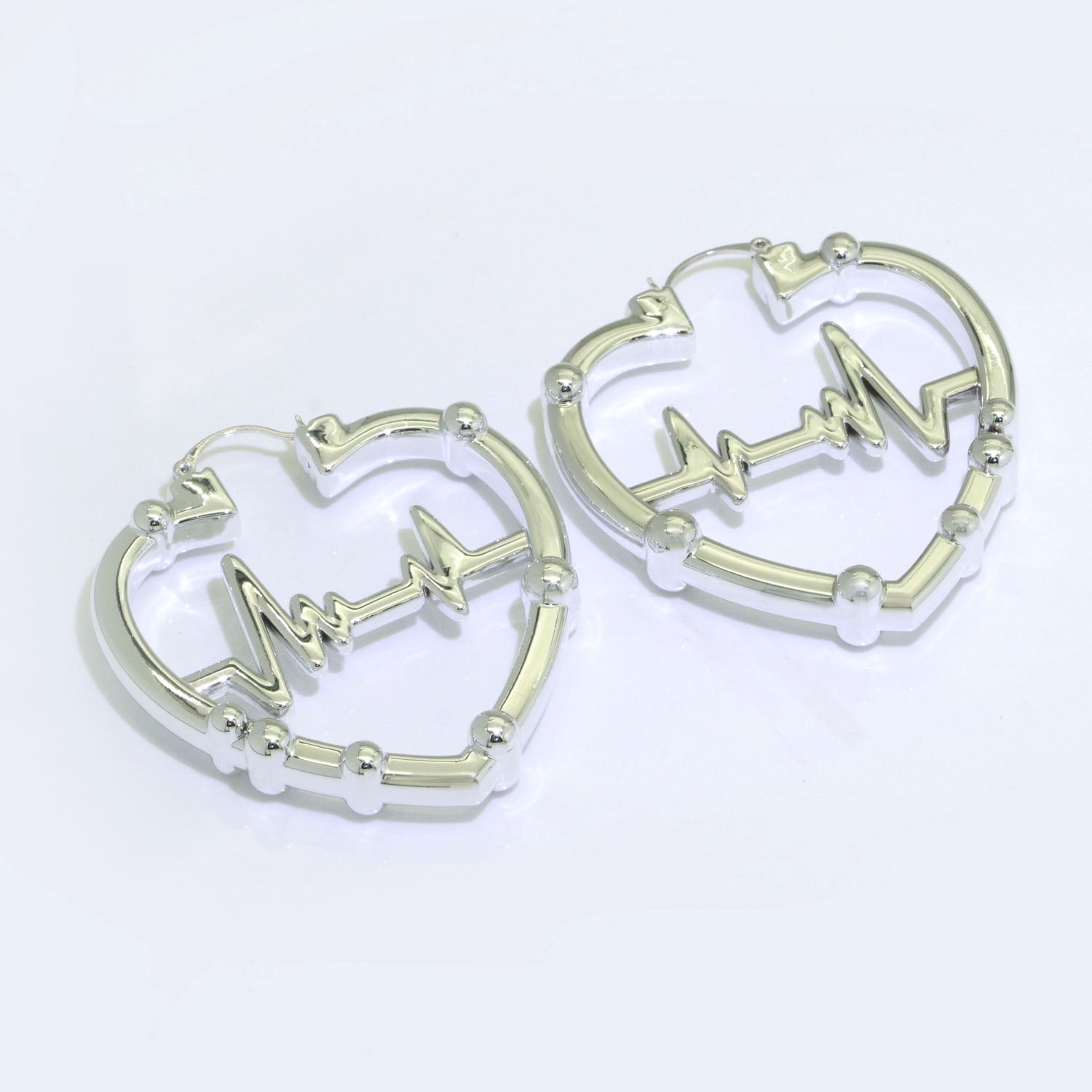 Gold / Silver Bamboo Hoop Earrings, 18K Gold Filled Hoops Heart Beat Medium Earring Lightweight Statement Hoop - DLUXCA