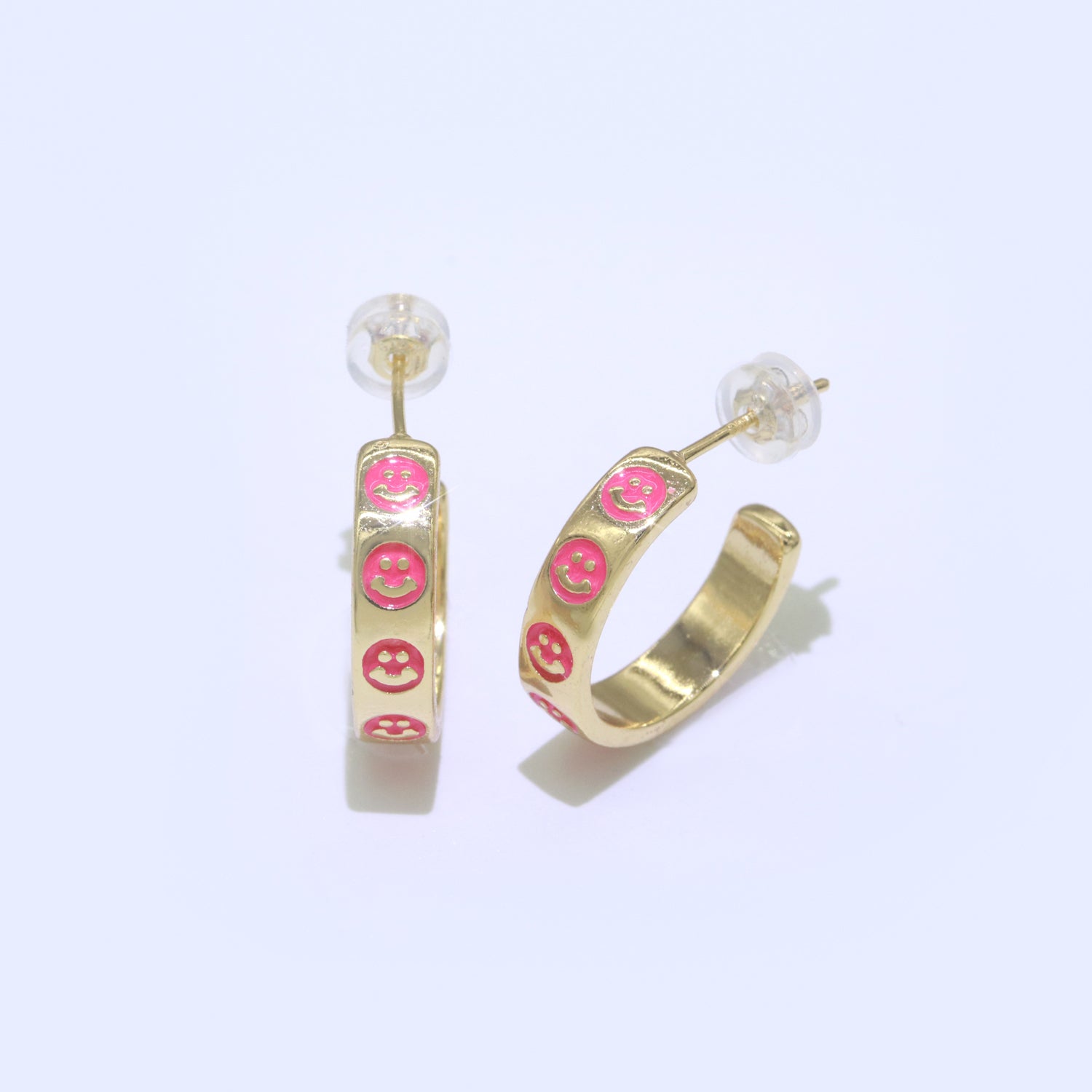 Hot Pink Happy Face Enamel Round hoop earrings 17.5mm, Lead Nickel free Earrings Y2K Gold Filled Round hoop Smiley Face Jewlery - DLUXCA