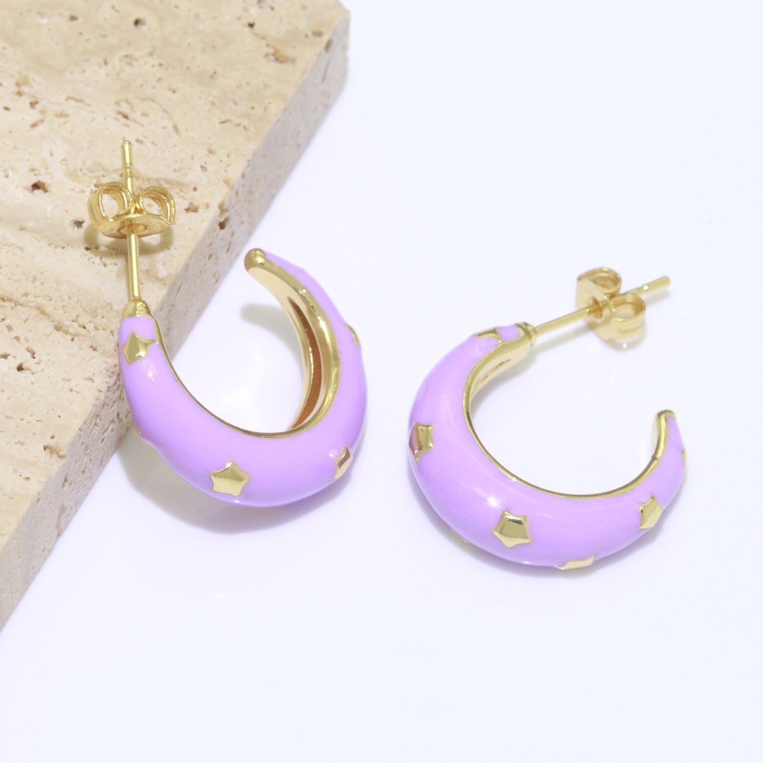 Thick Hoop Earrings Enamel Hoops Celestial Star Chunky Bold Hoop Everday Wear Earring Summer Trend Colorful Hoop Gold Jewelry - DLUXCA