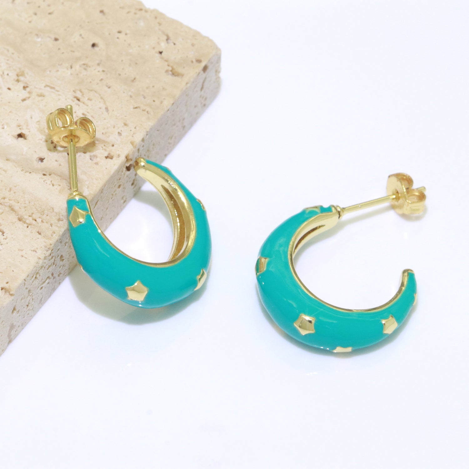 Thick Hoop Earrings Enamel Hoops Celestial Star Chunky Bold Hoop Everday Wear Earring Summer Trend Colorful Hoop Gold Jewelry - DLUXCA