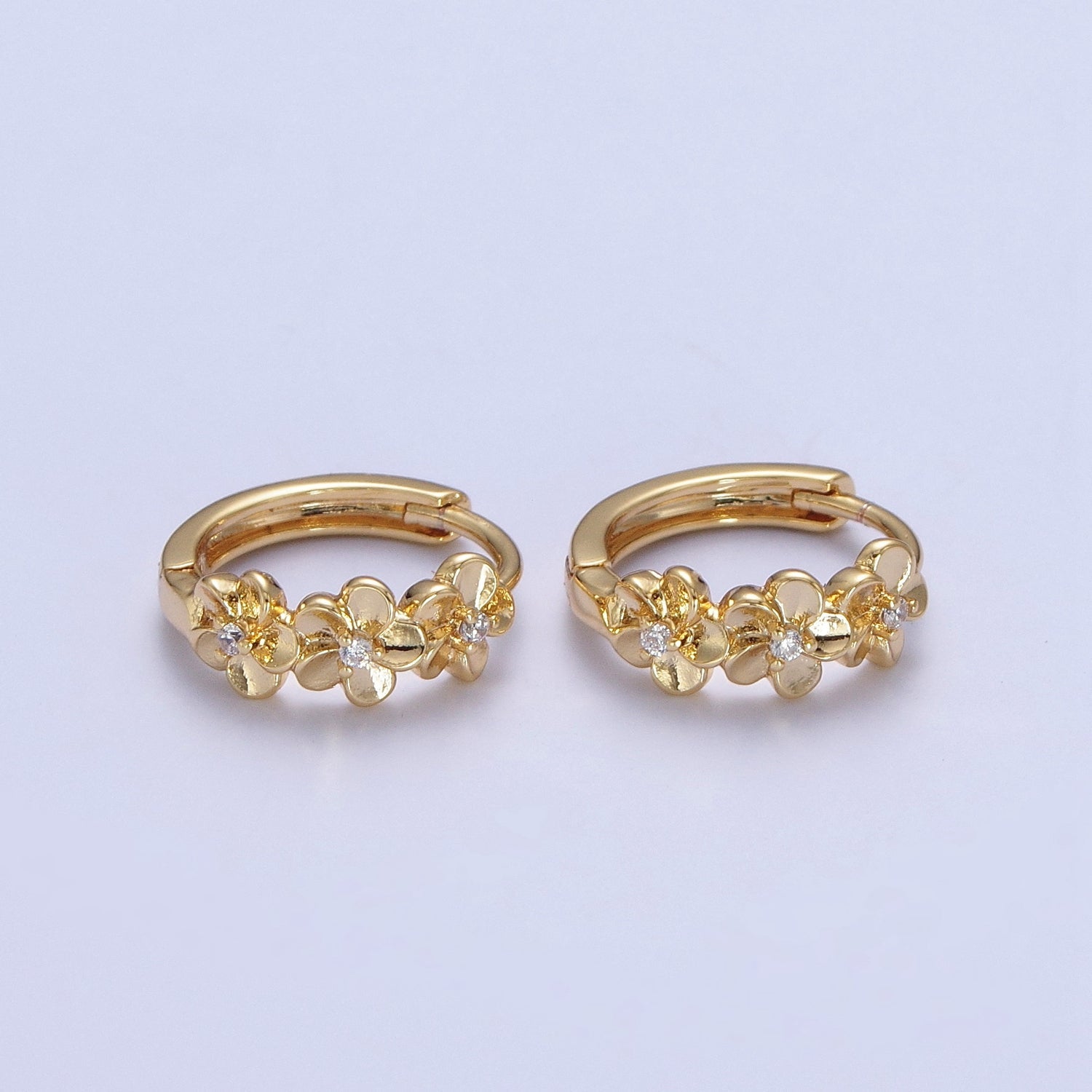 Minimalist 24K Gold Filled Flower Cubic Zirconia Huggie Hoops Earring T-104 - DLUXCA