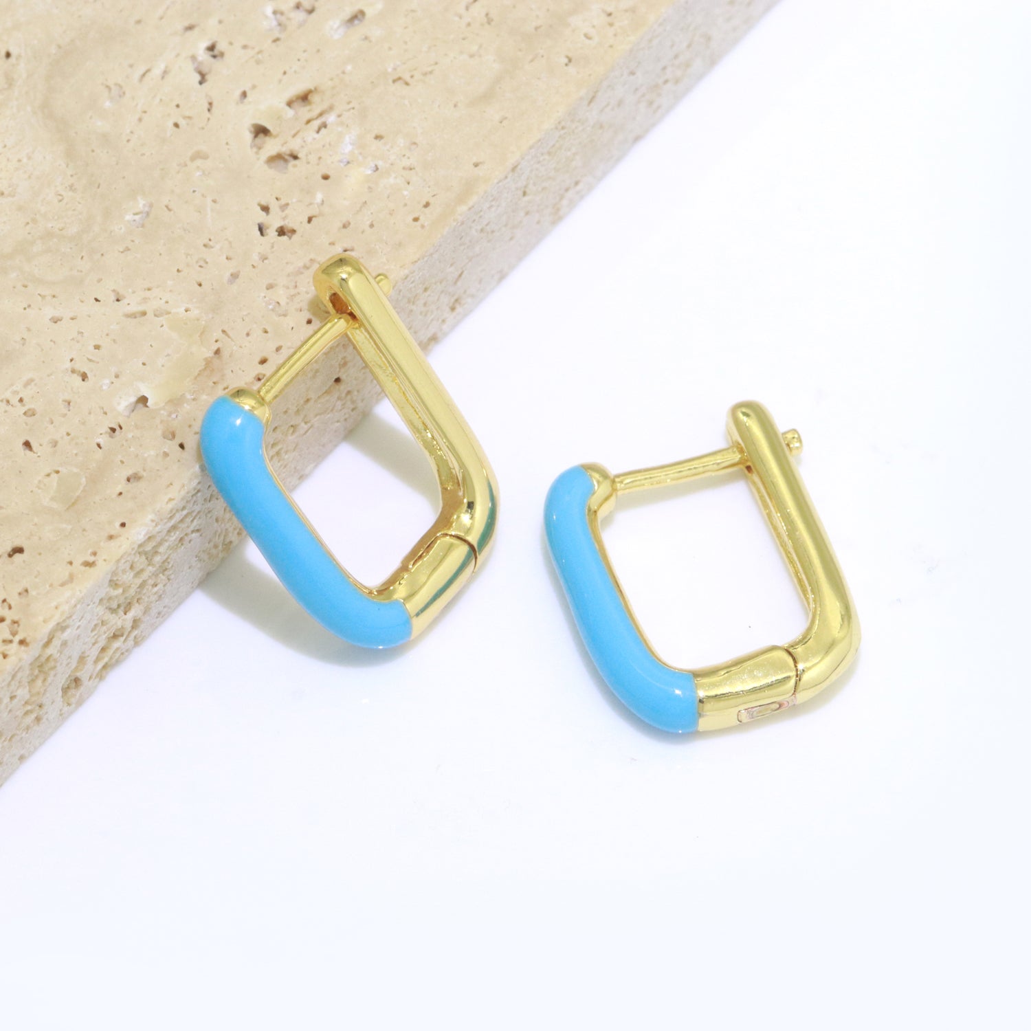 Color Enamel U Shape Hoop Earring, Small Minimalist Oval Hoop Gold Filled - DLUXCA