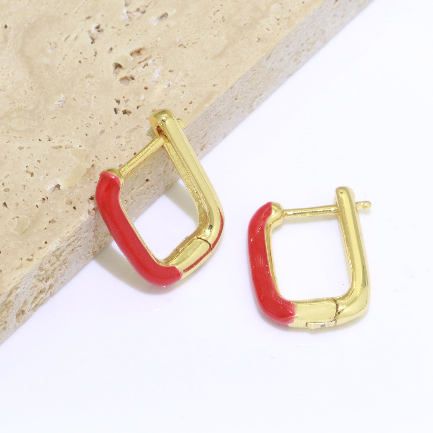 Color Enamel U Shape Hoop Earring, Small Minimalist Oval Hoop Gold Filled - DLUXCA