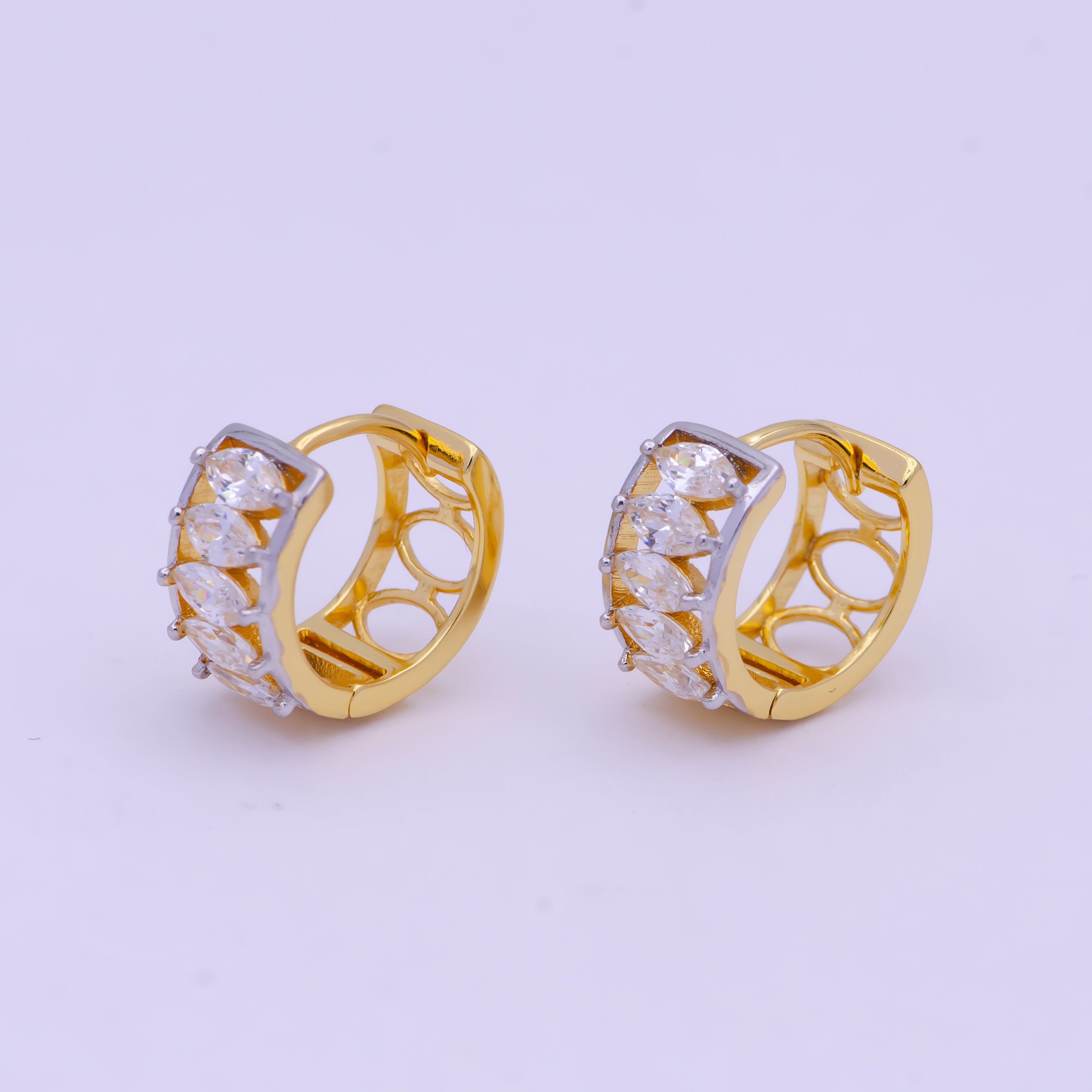 14mm Gold Marquise Cubic Zirconia Mixed Metal Cartilage Huggie Earrings | T139 - DLUXCA