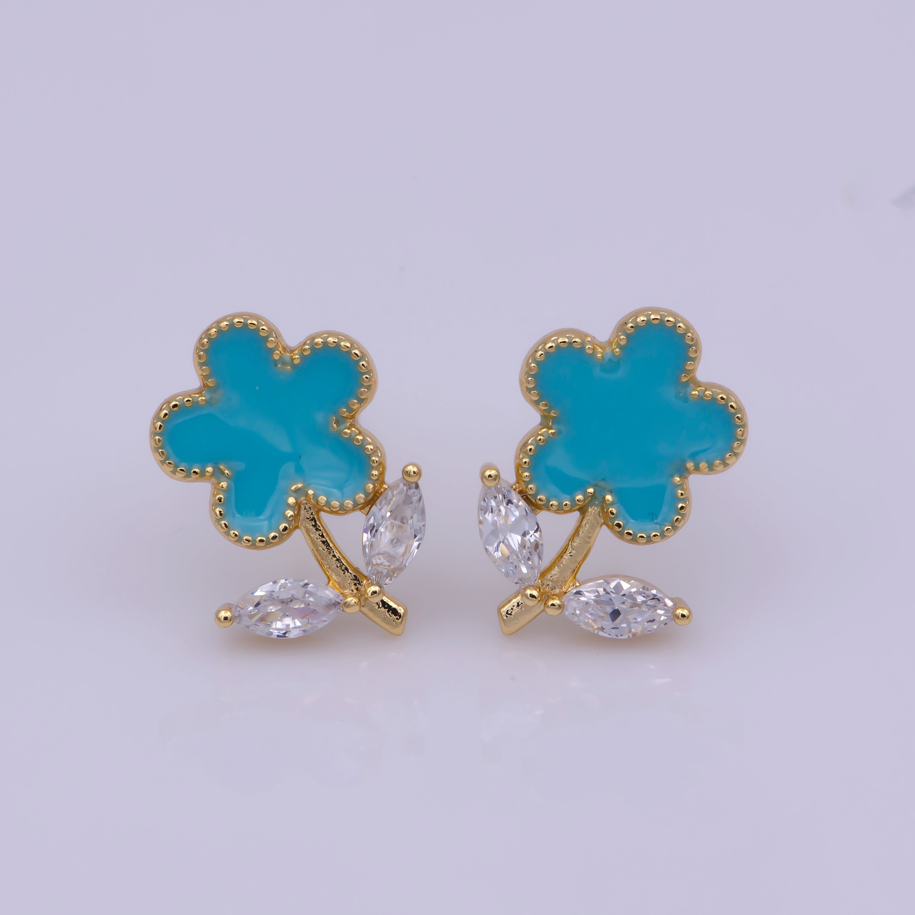 Dainty Pink, Teal, White Enamel Daisy Flower with Crystal Zirconia CZ Gold Stud Earring | T222-T234 - DLUXCA