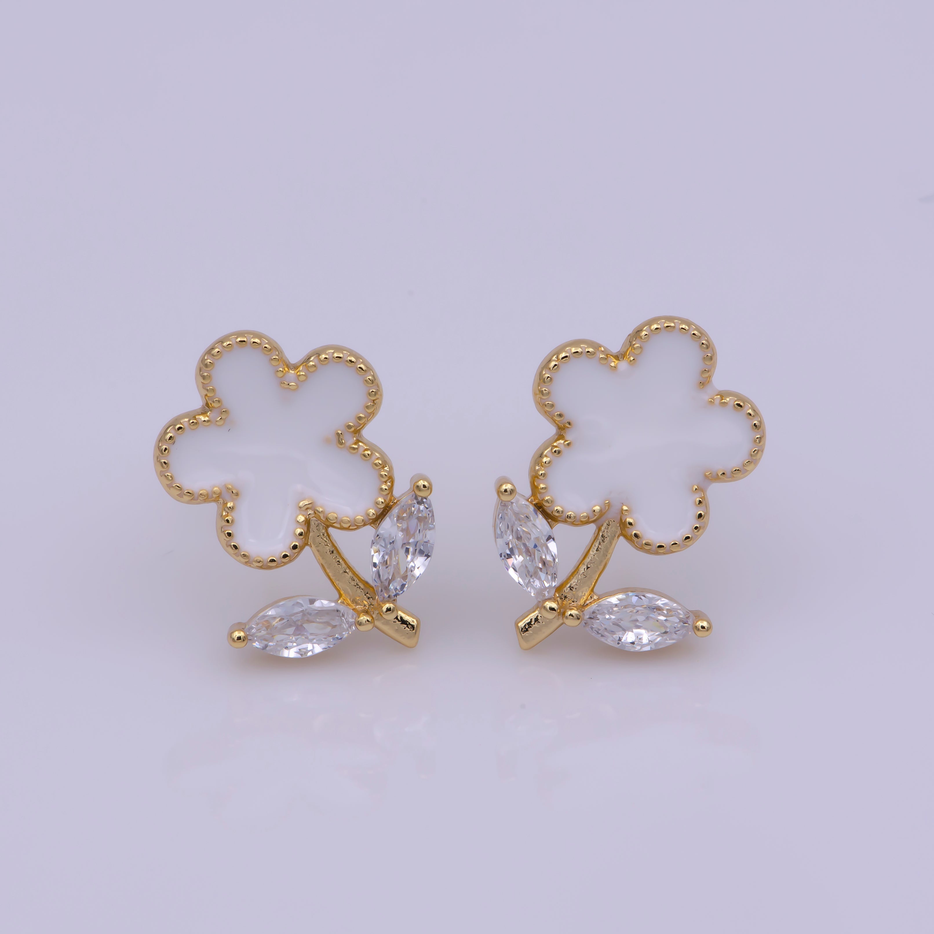 Dainty Pink, Teal, White Enamel Daisy Flower with Crystal Zirconia CZ Gold Stud Earring | T222-T234 - DLUXCA