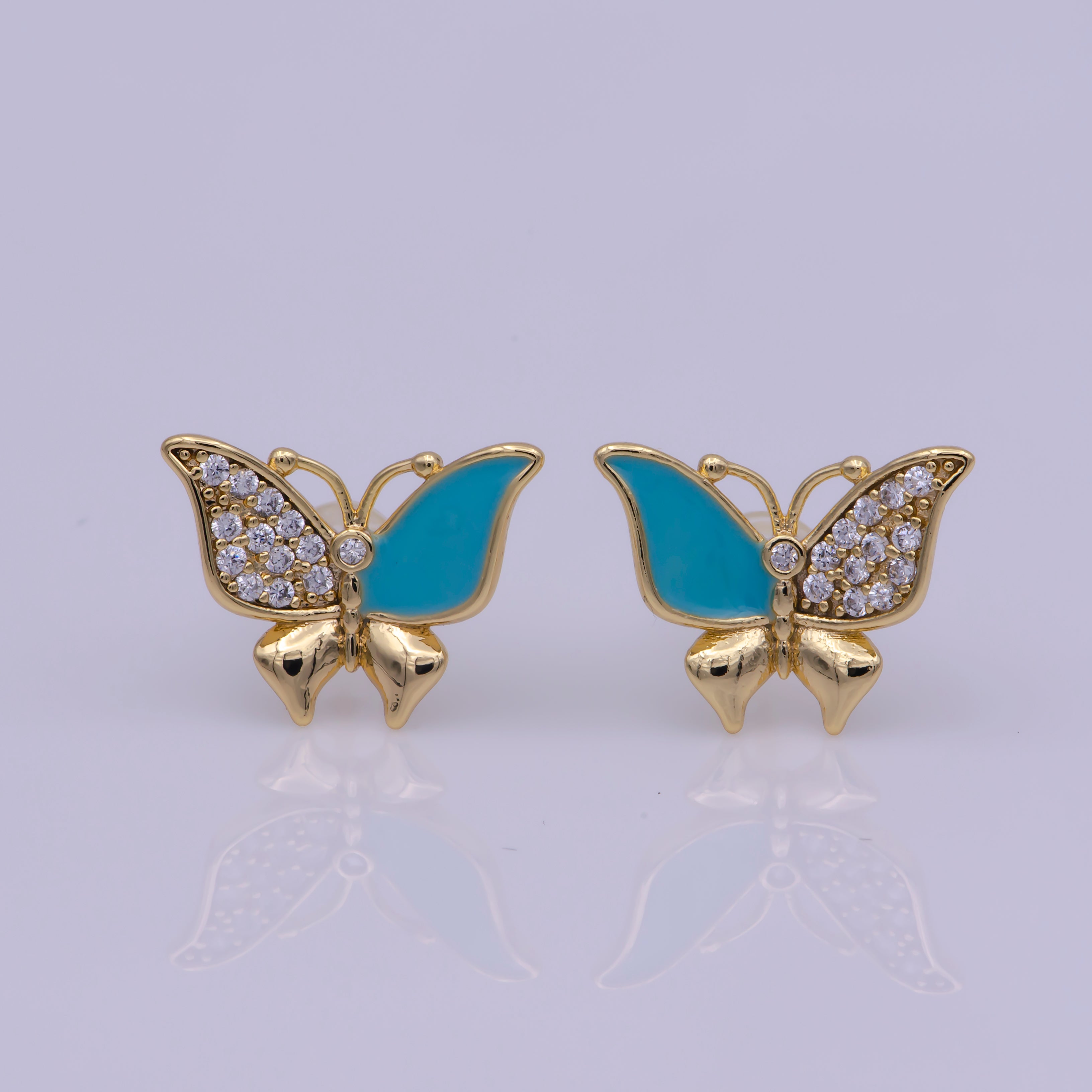 Dainty Teal, White Enamel, Crystal Zirconia CZ Butterfly Wings Gold Stud Earrings | T225, T226 - DLUXCA