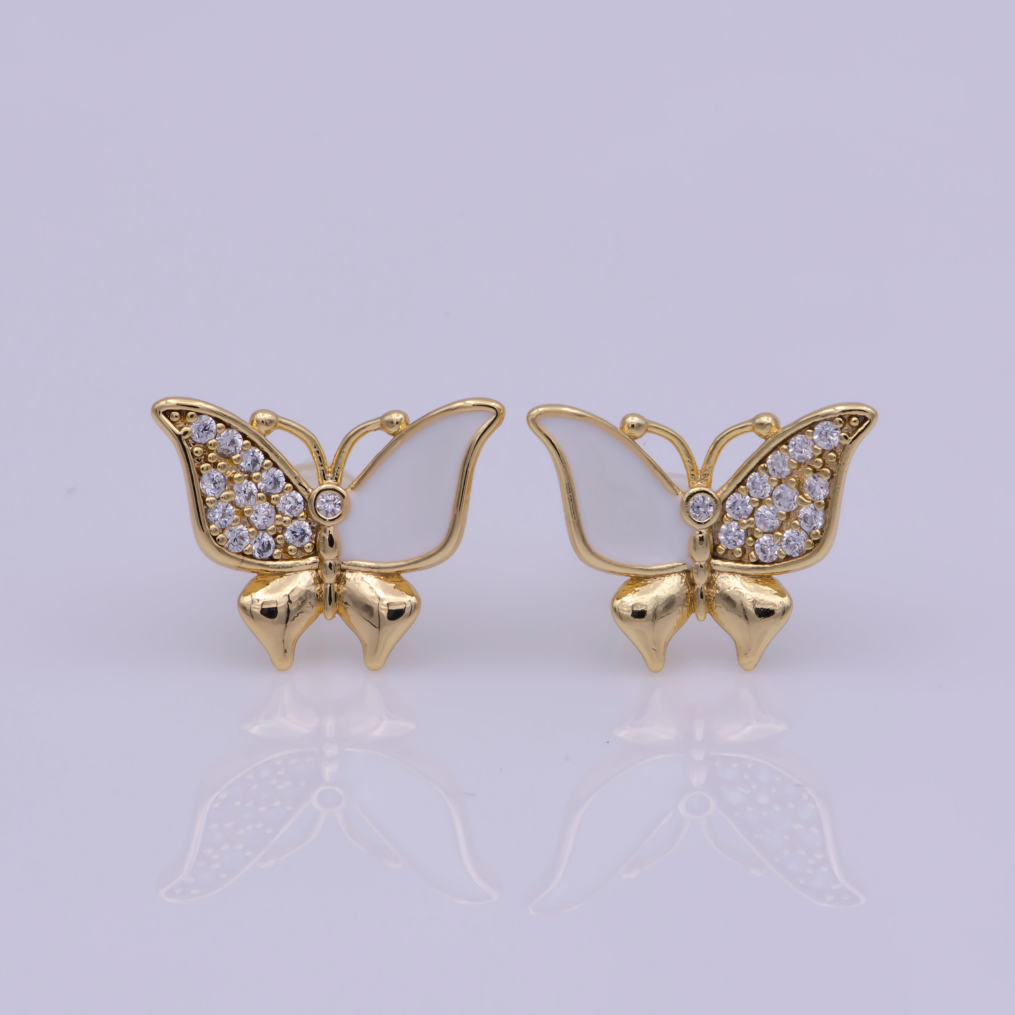 Dainty Teal, White Enamel, Crystal Zirconia CZ Butterfly Wings Gold Stud Earrings | T225, T226 - DLUXCA