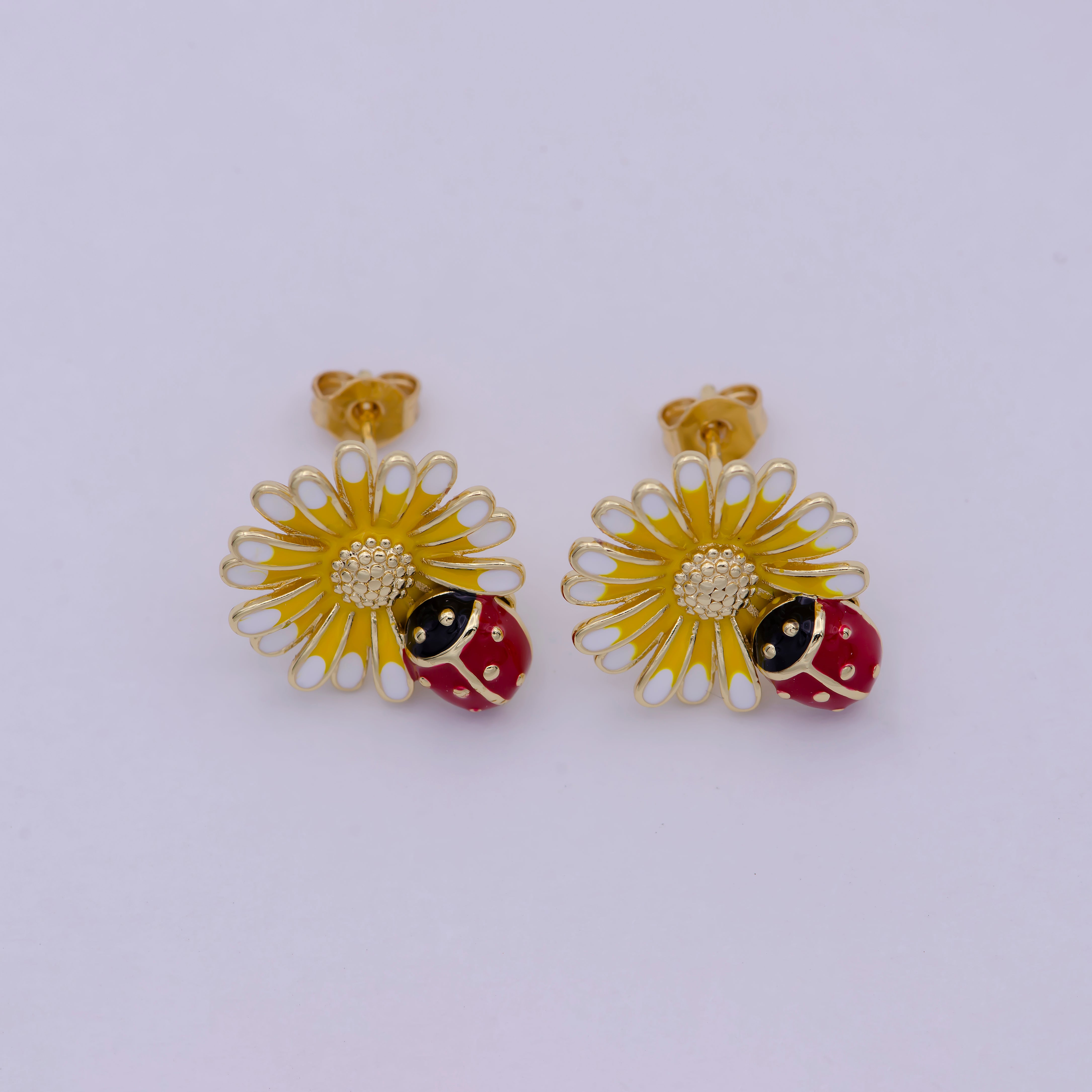 Dainty Sun Flower With Lady Bug Stud Earring Yellow Red Enamel - DLUXCA