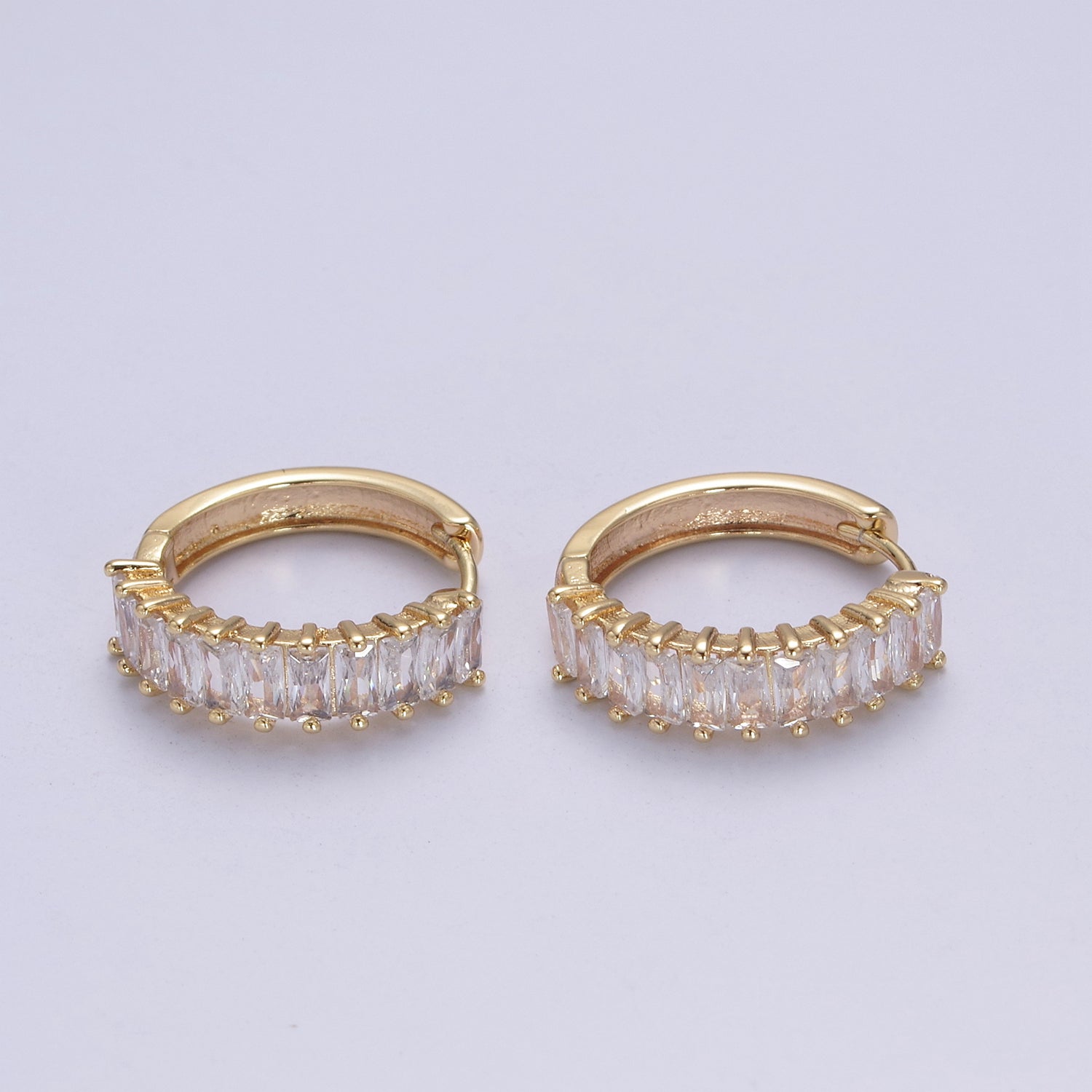 Mini Cz Hoop Earring, Baguette Hoop Earrings, 18k Gold Filled Baguette Huggies Small Hoop T-273 - DLUXCA