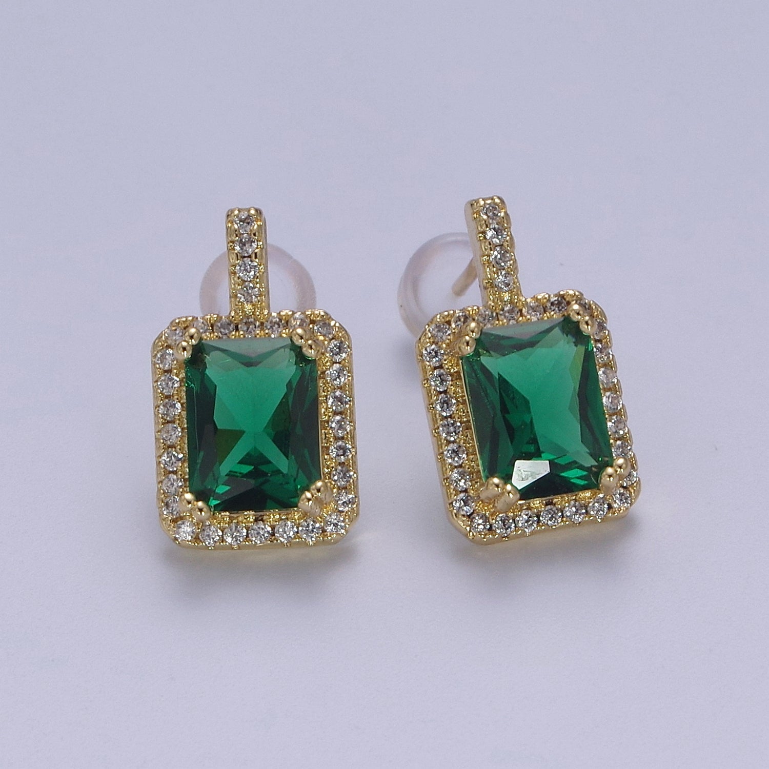 Gold / Silver Emerald Green CZ Paved Ear Posts Rectangle CZ Earring Studs For Party T-354 - DLUXCA