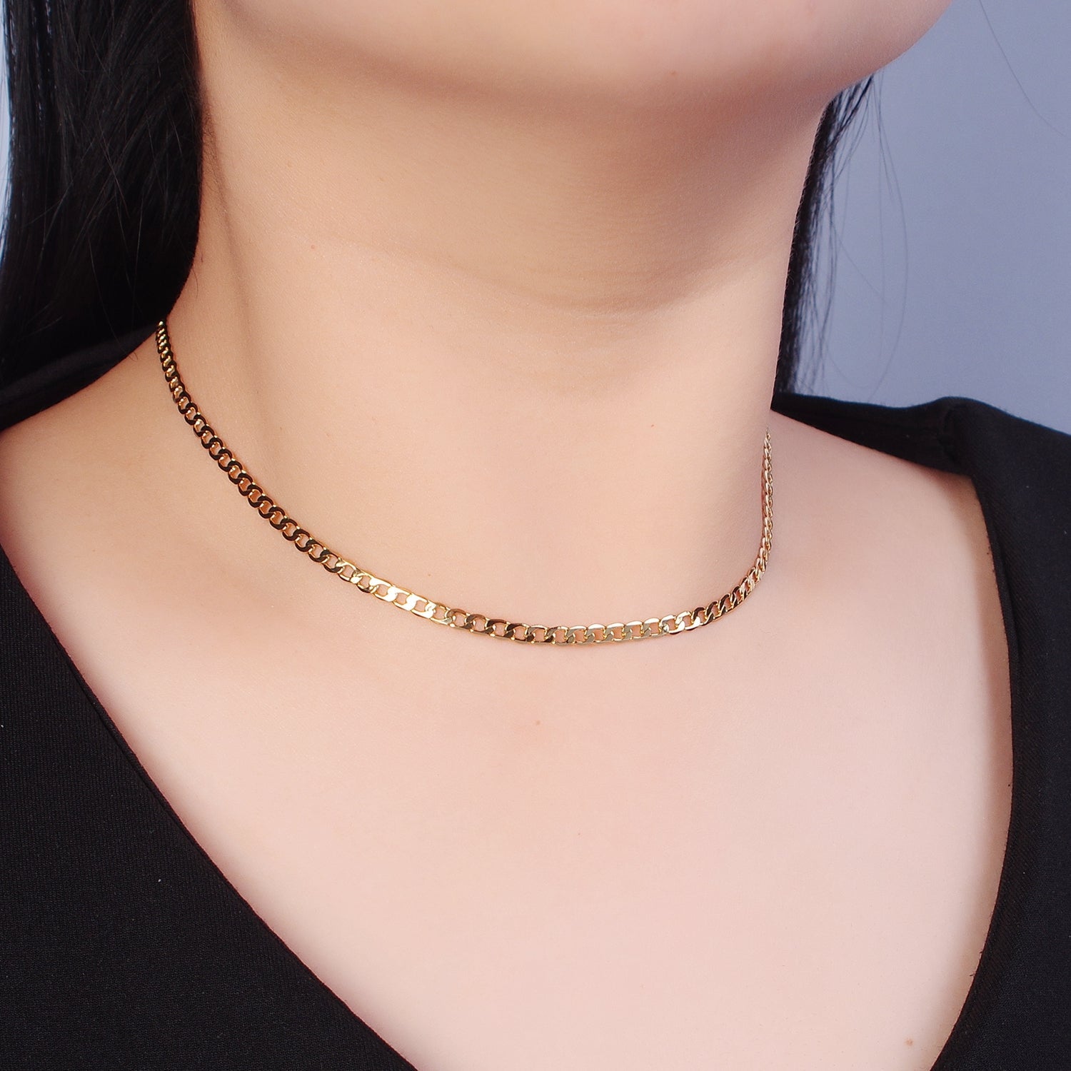 Dainty Flat Curb Chain 18k Gold Filled Chain, Thin Choker Layer Necklace 3.4mm, Chain WA-906 WA-907 WA-908 - DLUXCA