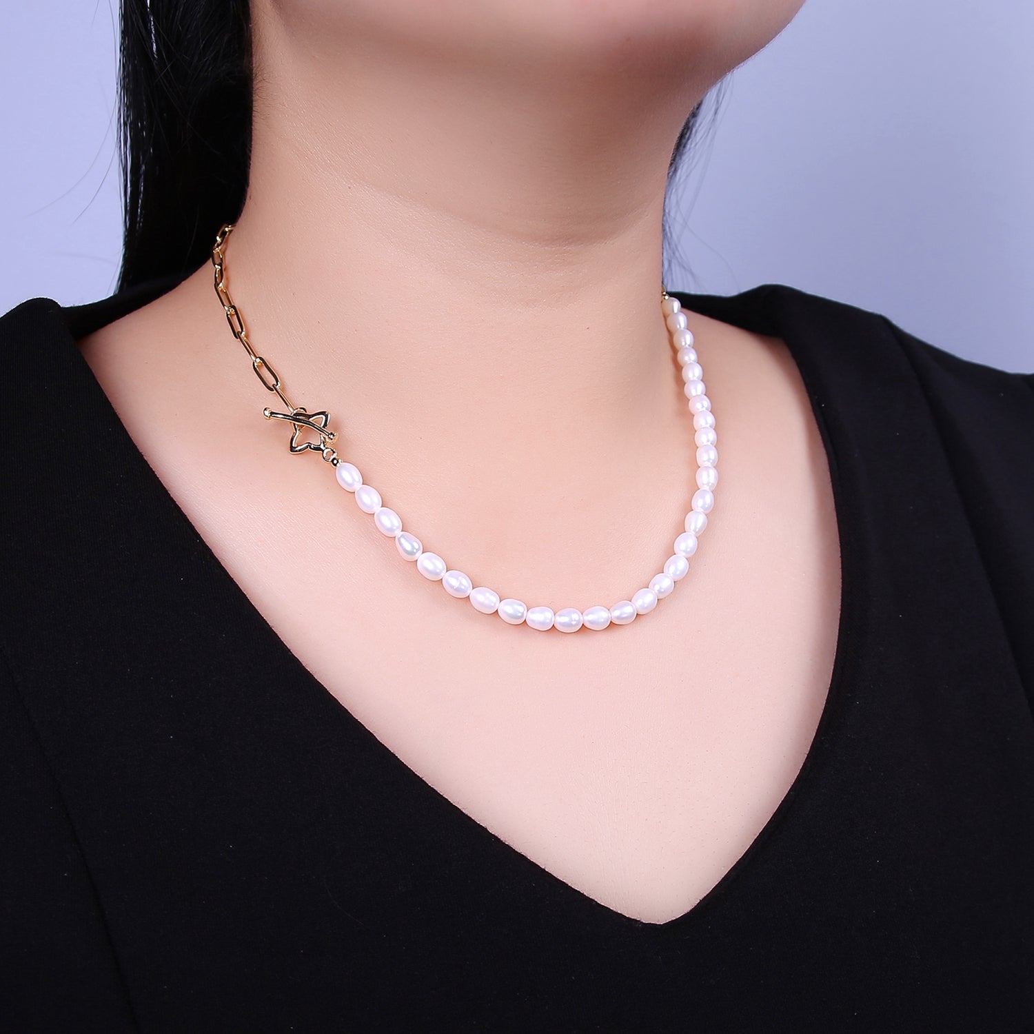 18k Gold Filled Paperclip Chain with Freshwater Pearls Layering Necklace Dainty Paperclip WA-862 - DLUXCA