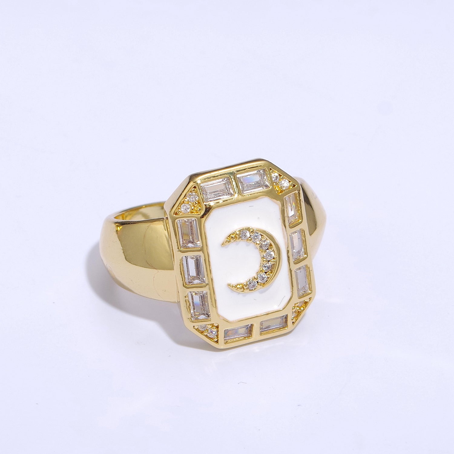 Crescent Moon Spinel Signet Ring Gold Chunky Ring Celestial Enamel Colorful Cz Jewelry - DLUXCA