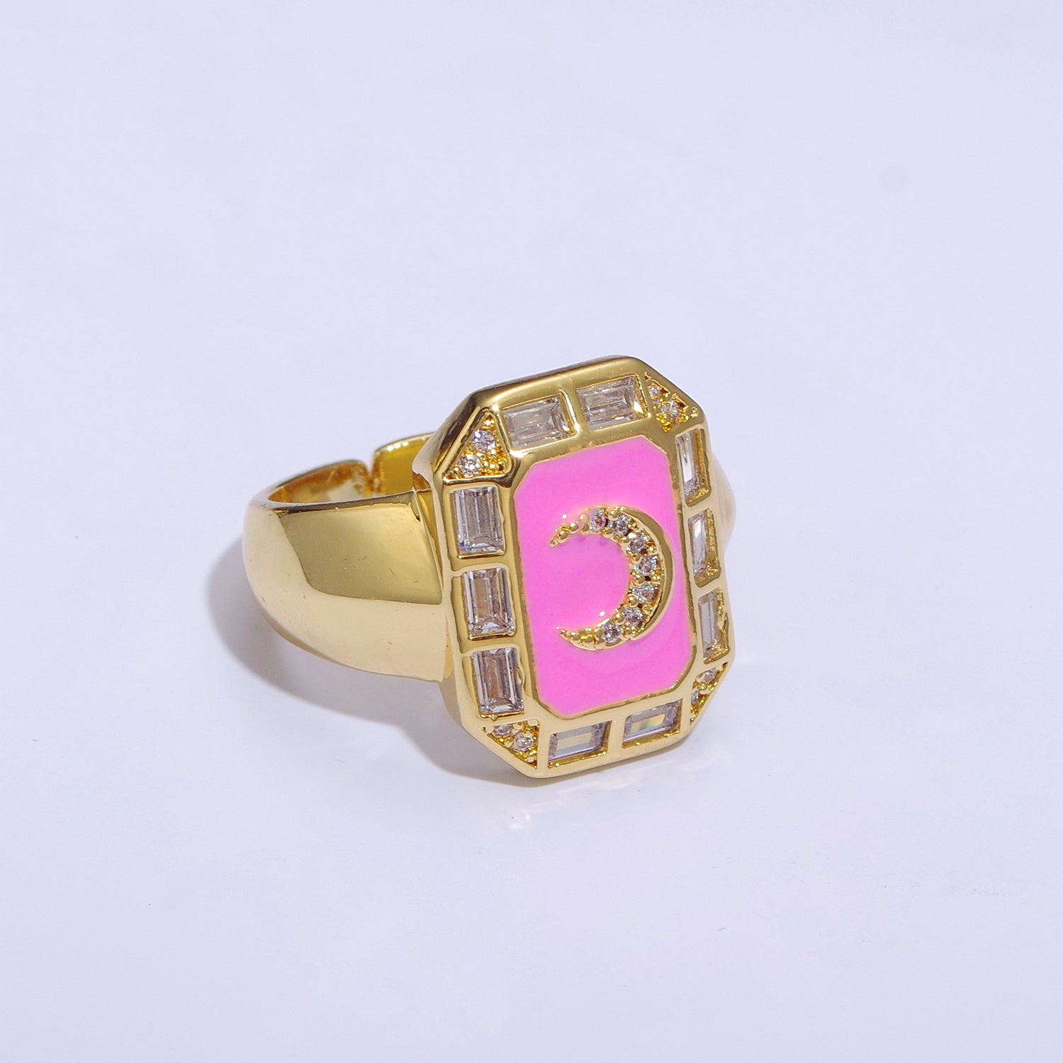 Crescent Moon Spinel Signet Ring Gold Chunky Ring Celestial Enamel Colorful Cz Jewelry - DLUXCA