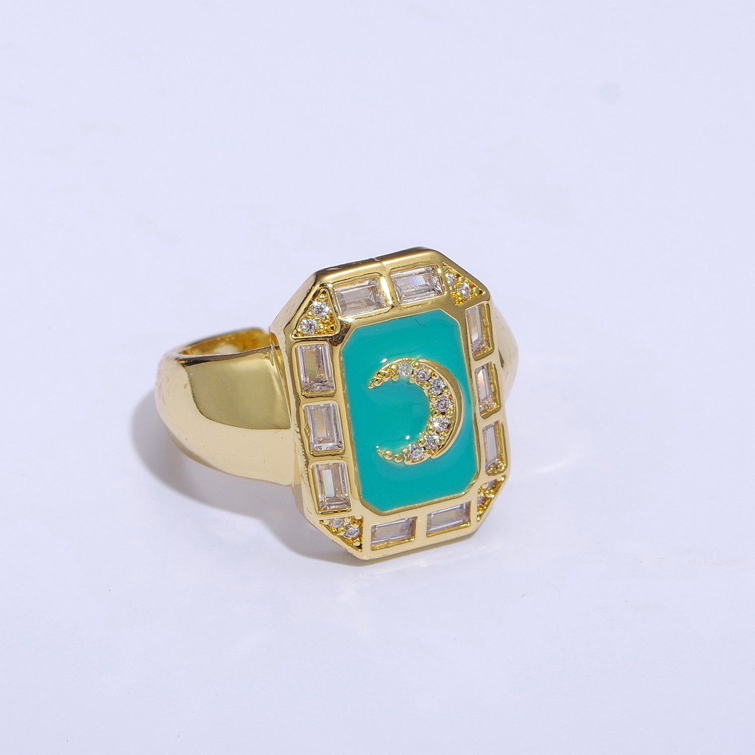 Crescent Moon Spinel Signet Ring Gold Chunky Ring Celestial Enamel Colorful Cz Jewelry - DLUXCA