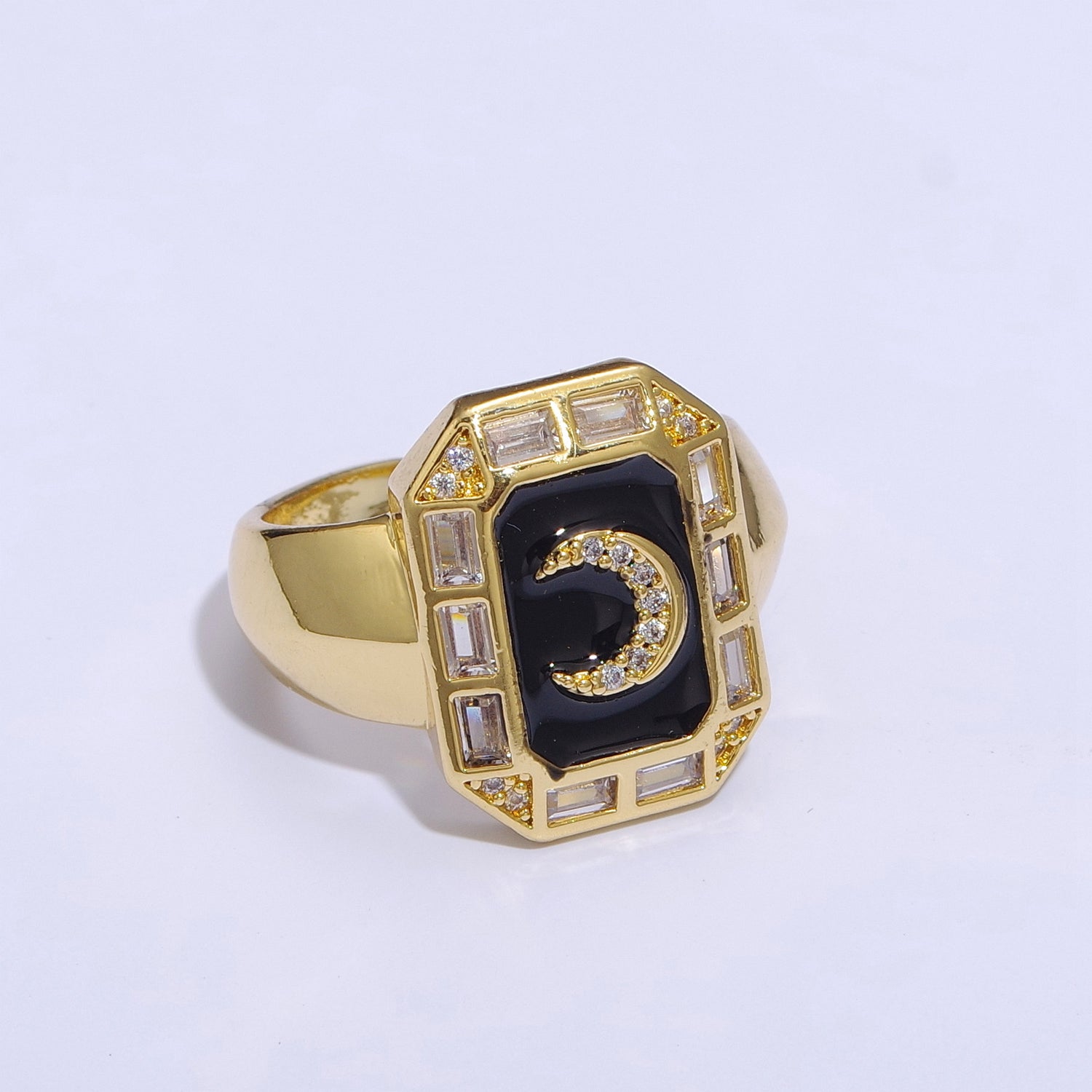 Crescent Moon Spinel Signet Ring Gold Chunky Ring Celestial Enamel Colorful Cz Jewelry - DLUXCA