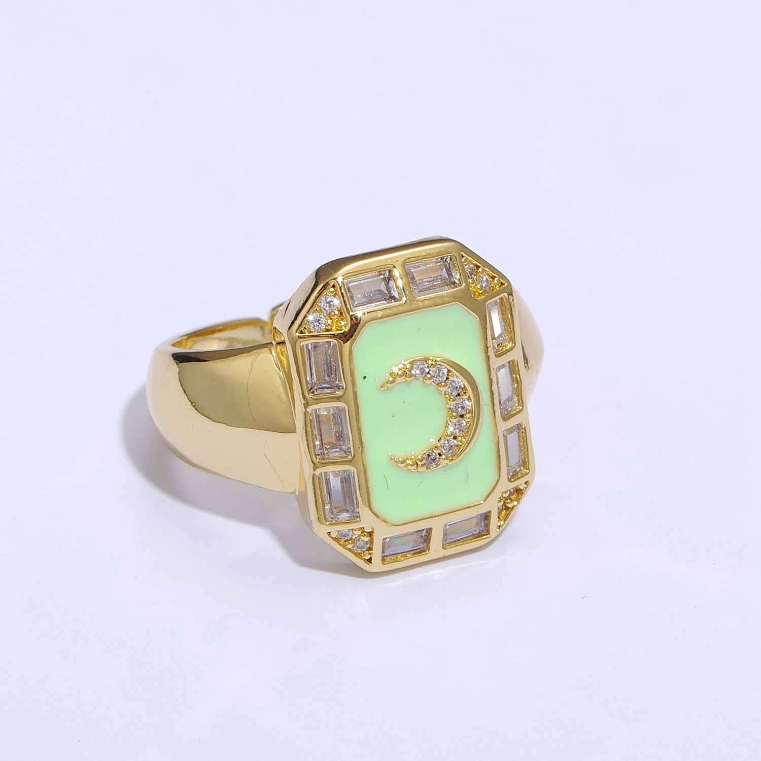 Crescent Moon Spinel Signet Ring Gold Chunky Ring Celestial Enamel Colorful Cz Jewelry - DLUXCA