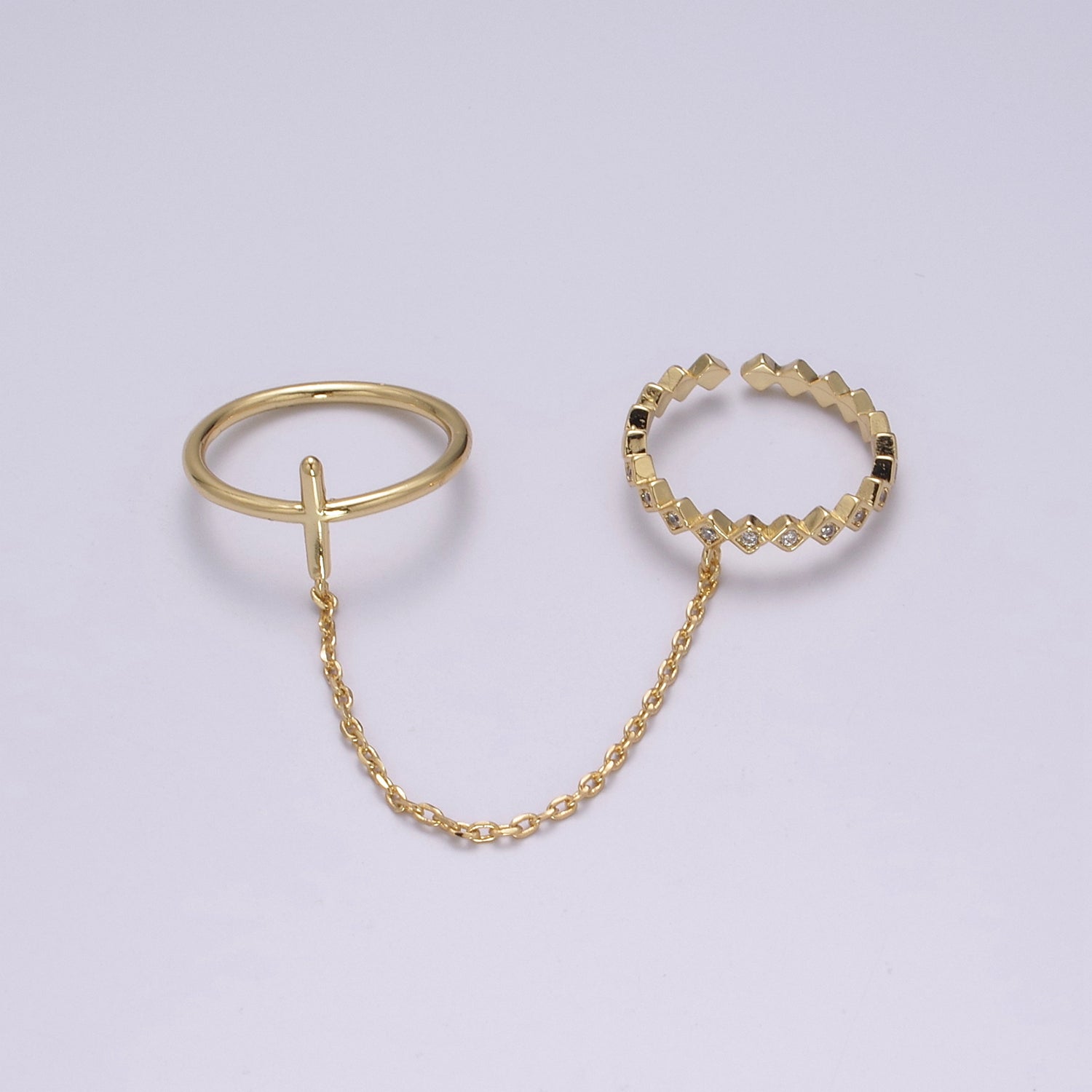 Double ring with chain, Adjustable ring, Stacking ring, Gold chain ring, Fashion ring, Minimalist Jewelry - DLUXCA