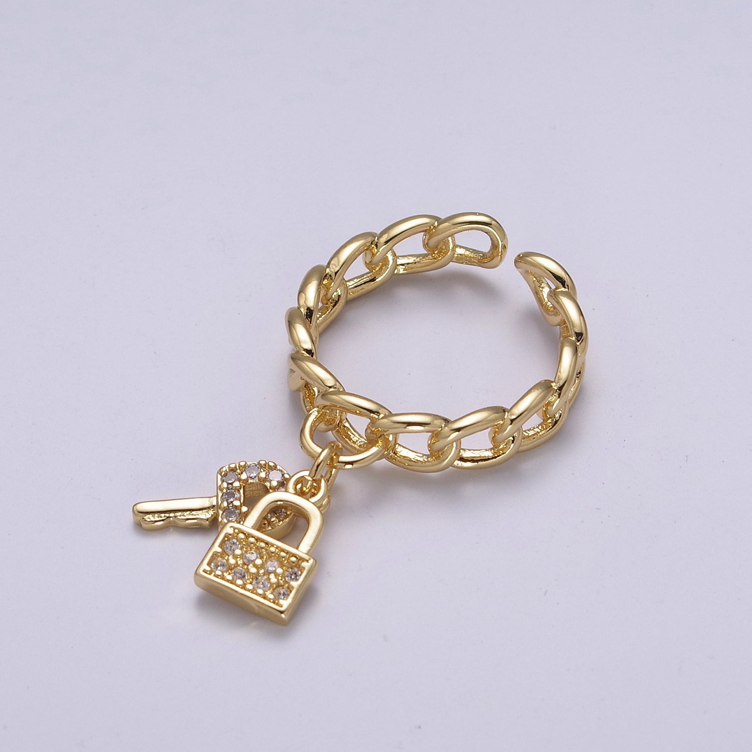 Gold Curb Link Chain Key Padlock Charm Rings For Women CZ Stacking Micro Pave Open Ring Adjustable - DLUXCA