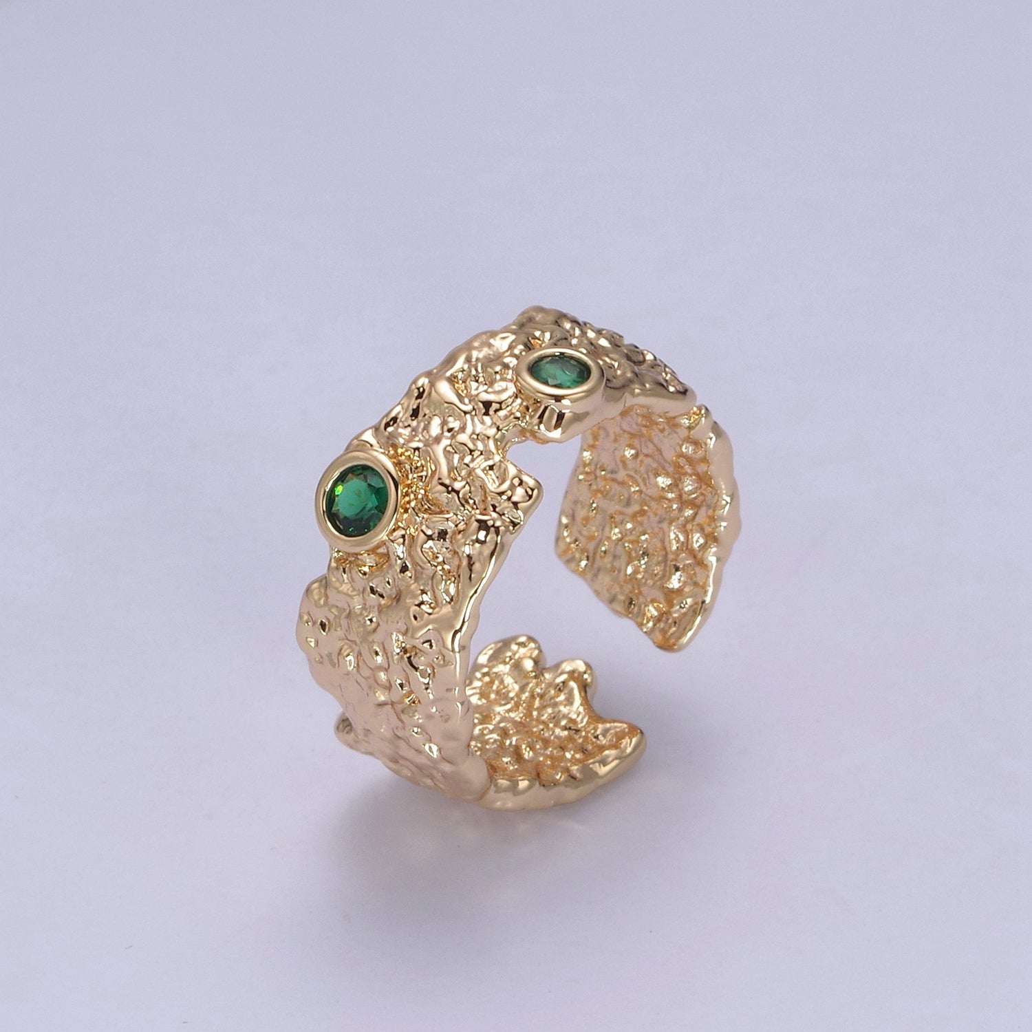 16K Gold Filled Textured Abstract Emerald Green Crystal Zirconia CZ Adjustable Open, Statement Ring U238 - DLUXCA