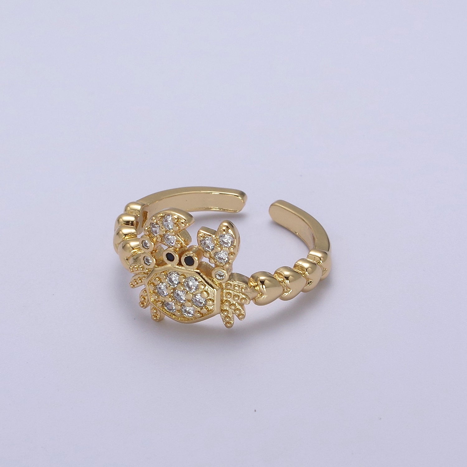 Micro Pave Cute Crab Ring, Heart Textured Gold Adjustable Band Ring, 24K Gold Filled Nature Ocean Wildlife Under The Sea Ring U440 - DLUXCA