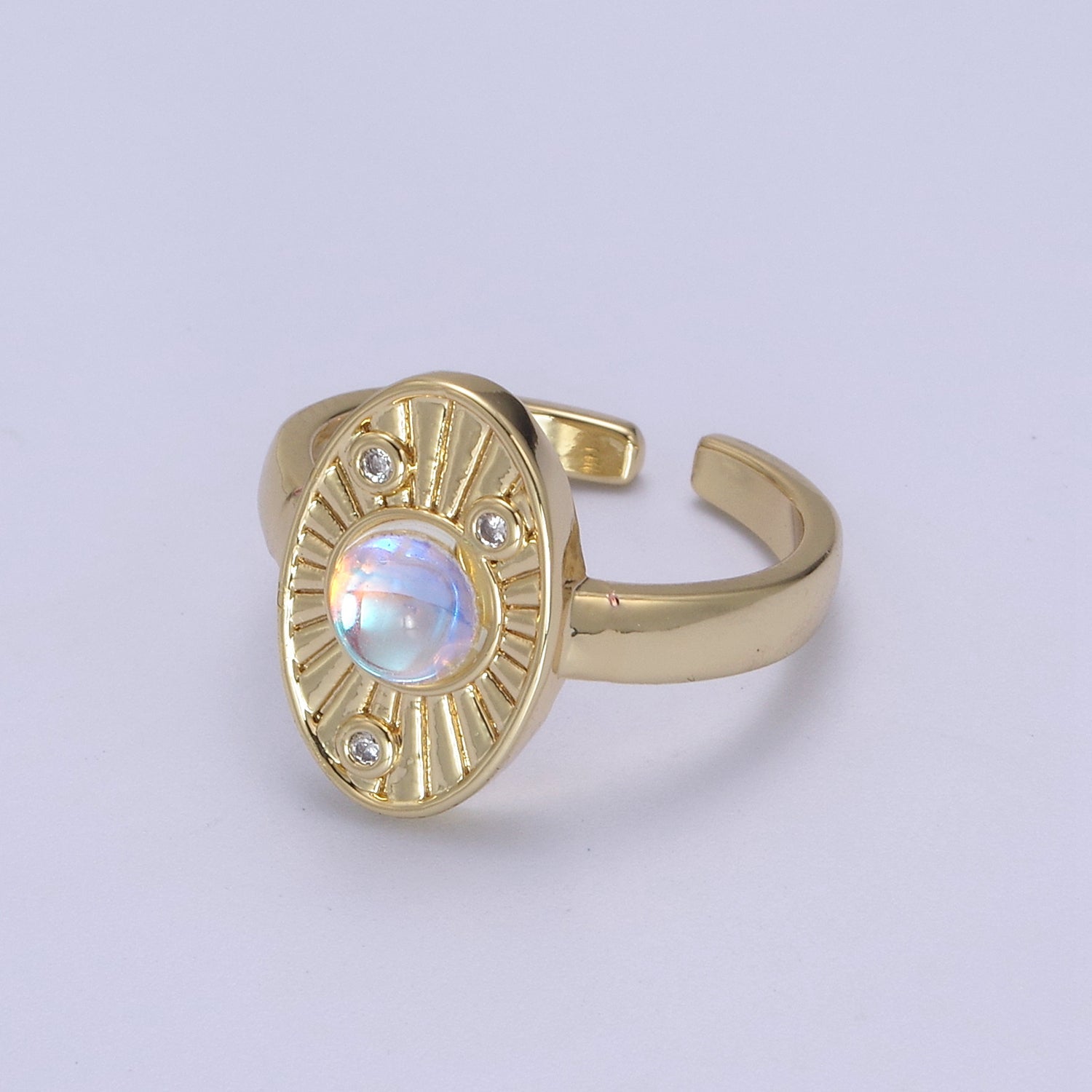 White Opal Sunburst Ring, Clear Crystal Zirconia CZ Oval Textured Adjustable Ring, 24K Gold Filled Statement Ring U460 - DLUXCA