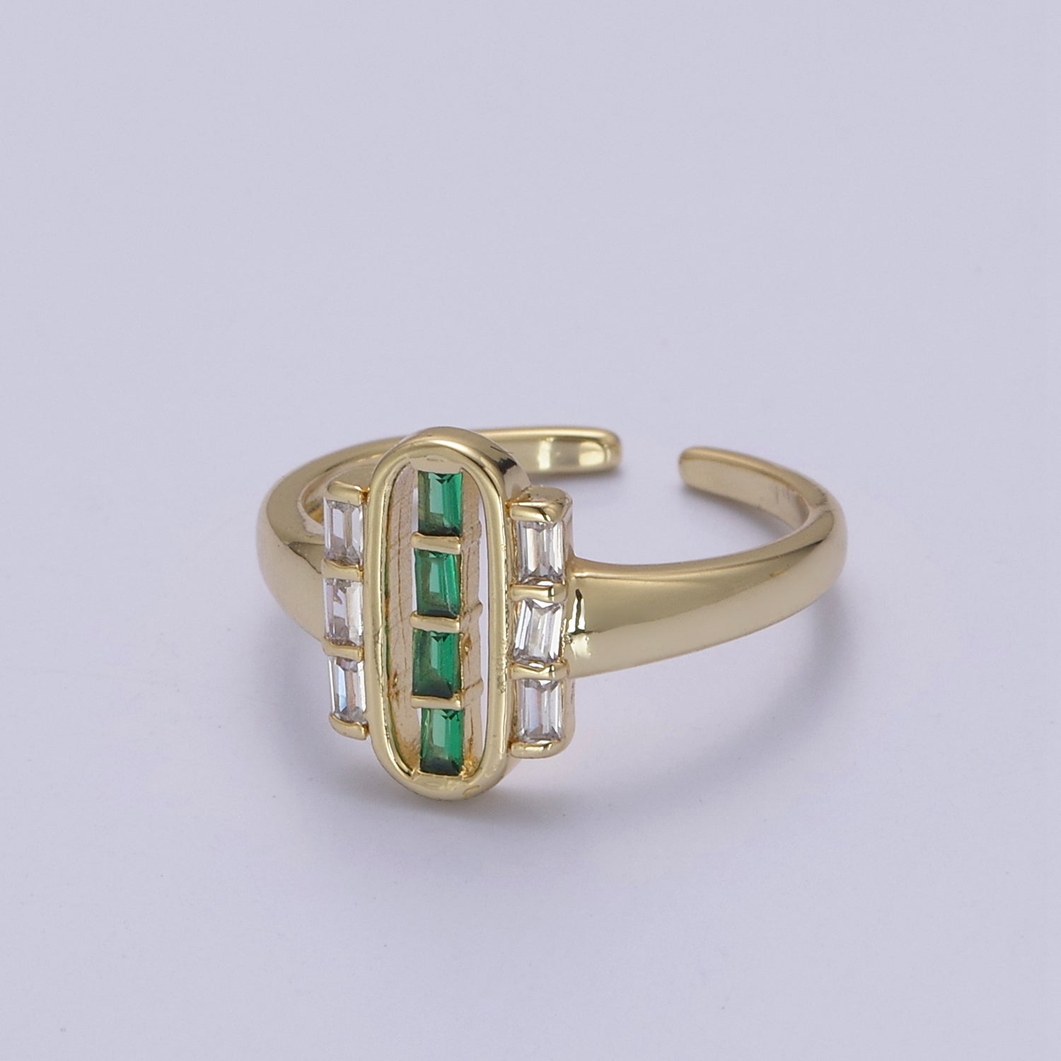 Dainty Gold Baguette Ring for Stackable Jewelry Green / Clear Cz Pill Ring U-472 - DLUXCA