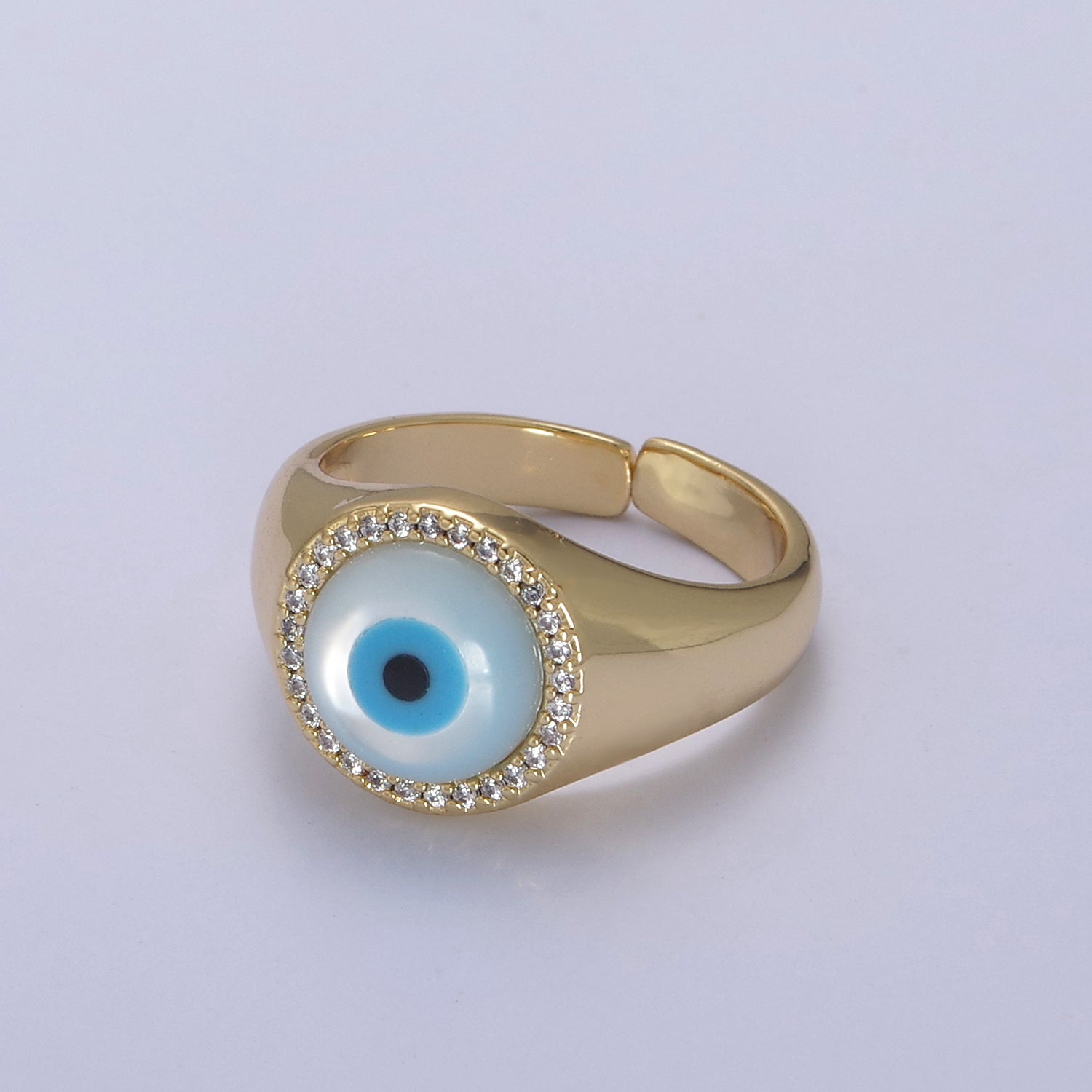 14K Gold Filled Micro Pave Evil Eye Blue Dome Ring Open Adjustable Ring U-474 - DLUXCA