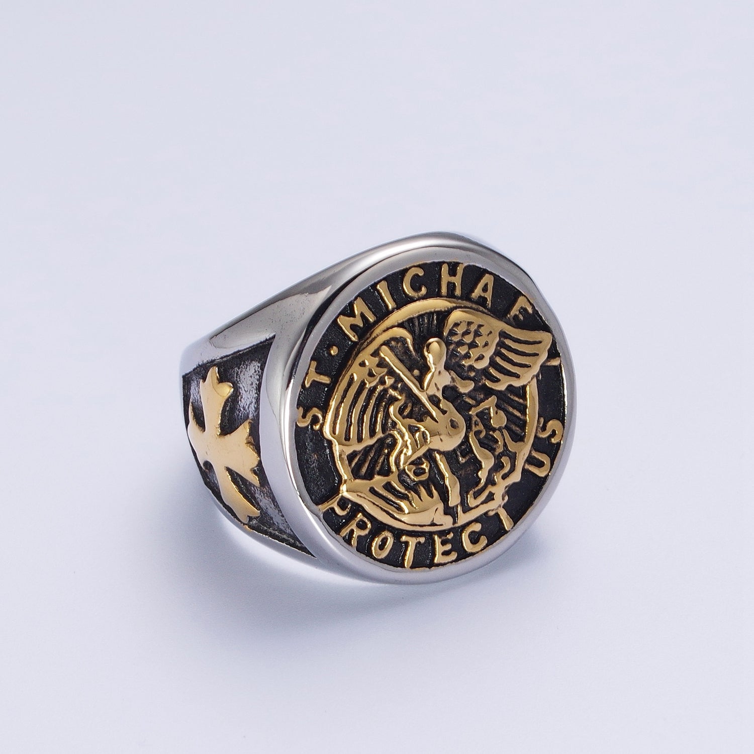 Stainless Steel Saint St. Michael "Protect Us" Religious Silver & Mixed Metal Ring | S325 S331 U540 U539 - DLUXCA