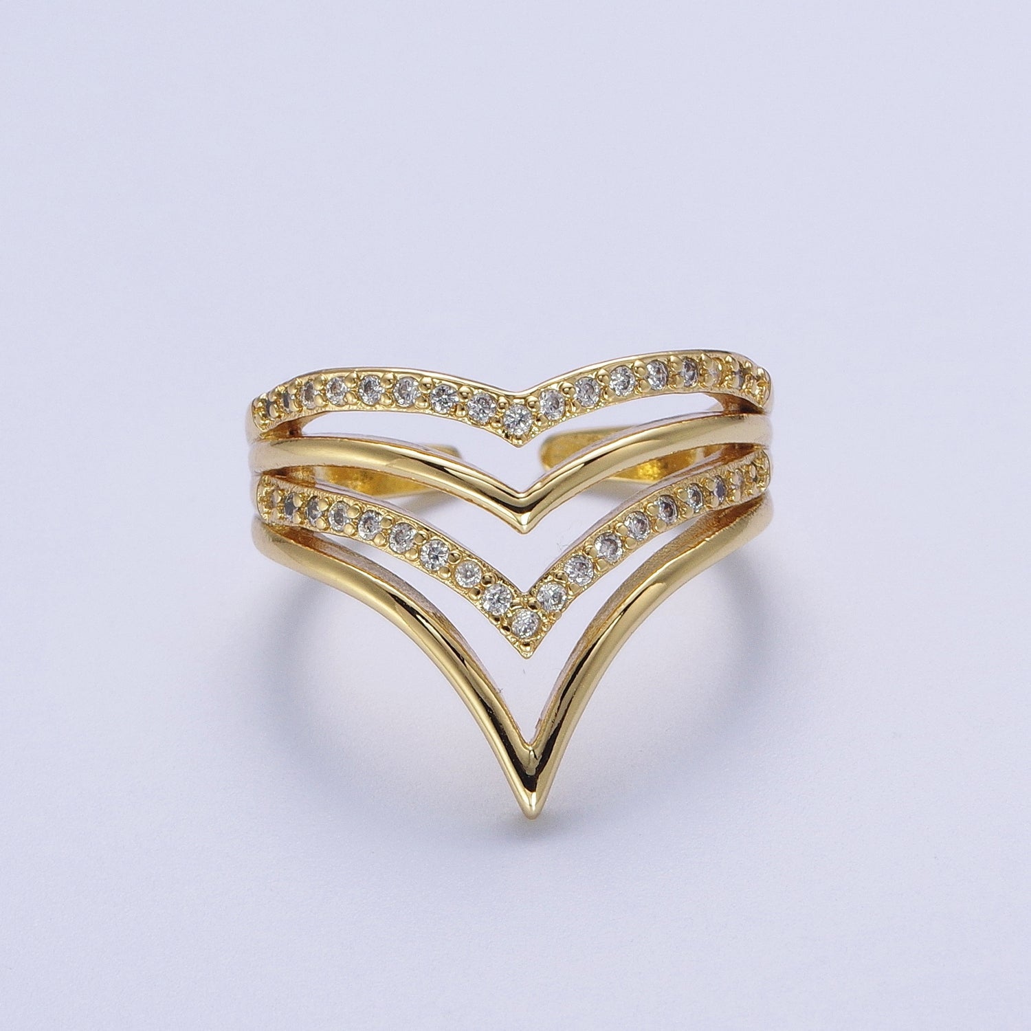 24K Gold Filled Chevron Ring, Multiple Micro Paved Cubic Zirconia Geometric Ring | V055 - DLUXCA