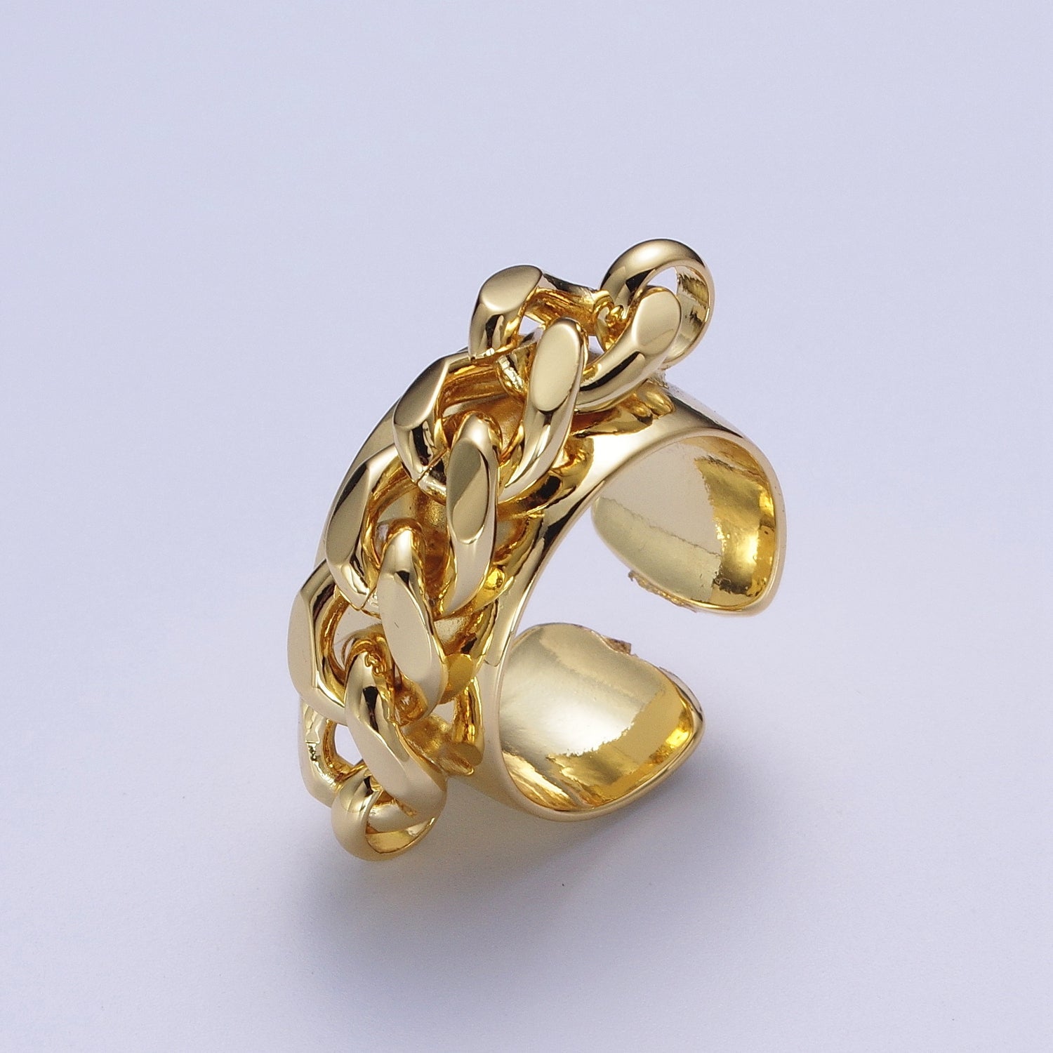 24K Gold Curb Chain Link Open Adjustable Wide Band Ring | V058 - DLUXCA