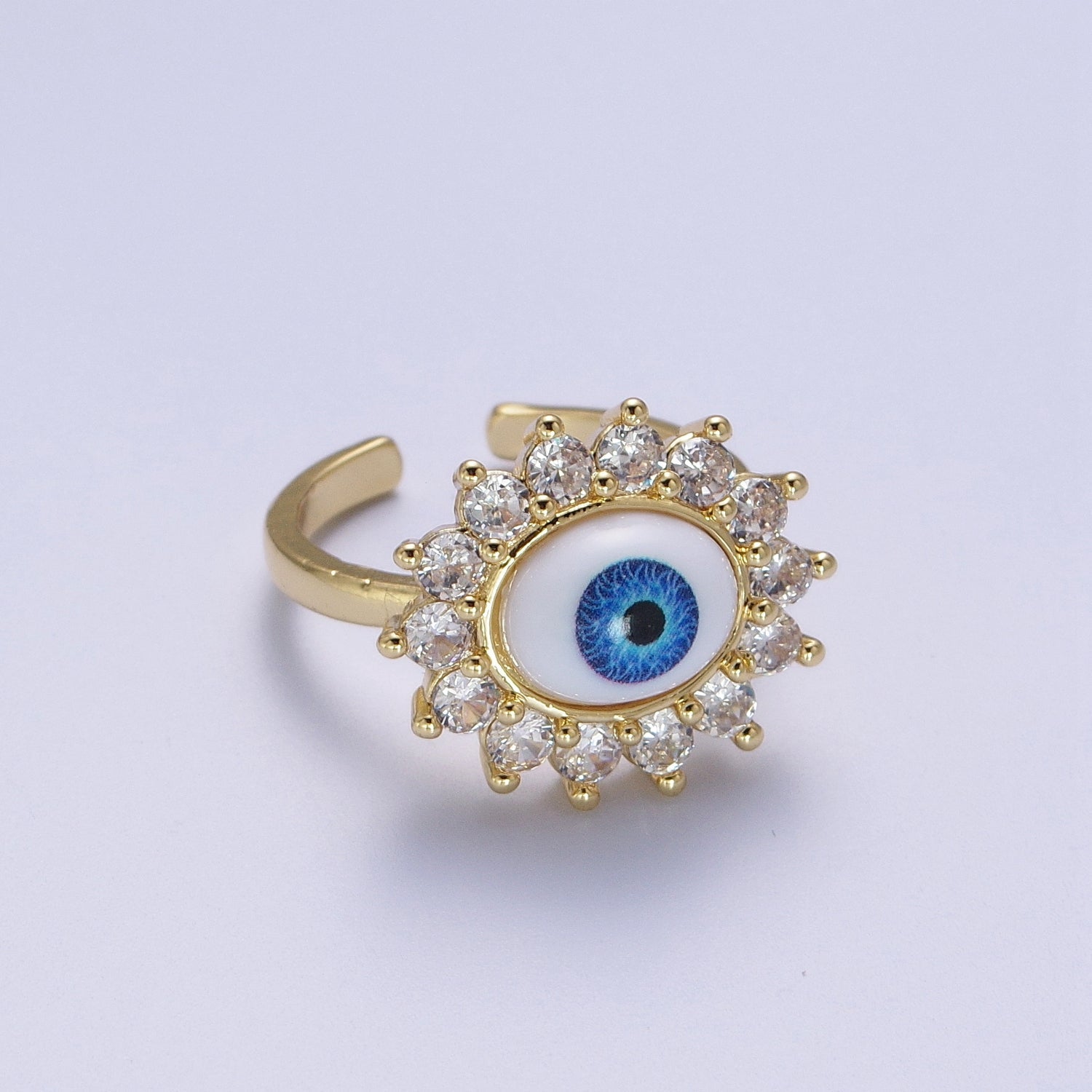 Blue Evil Eye of Ra Round Cubic Zirconia Bezel Gold Adjustable Protection Ring | V060 - DLUXCA