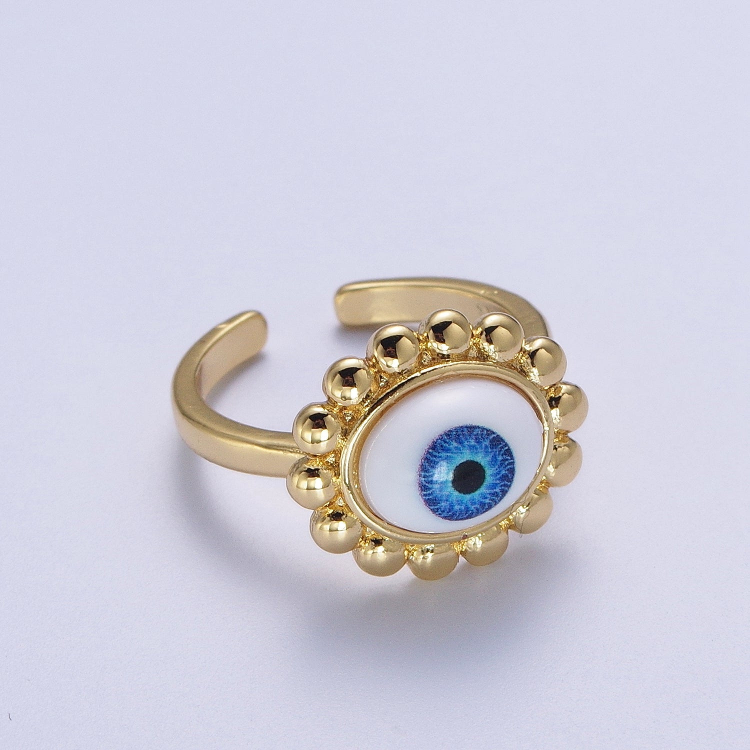 Blue Evil Eye of Ra Round Beaded Bezel Gold Adjustable Protection Ring | V061 - DLUXCA