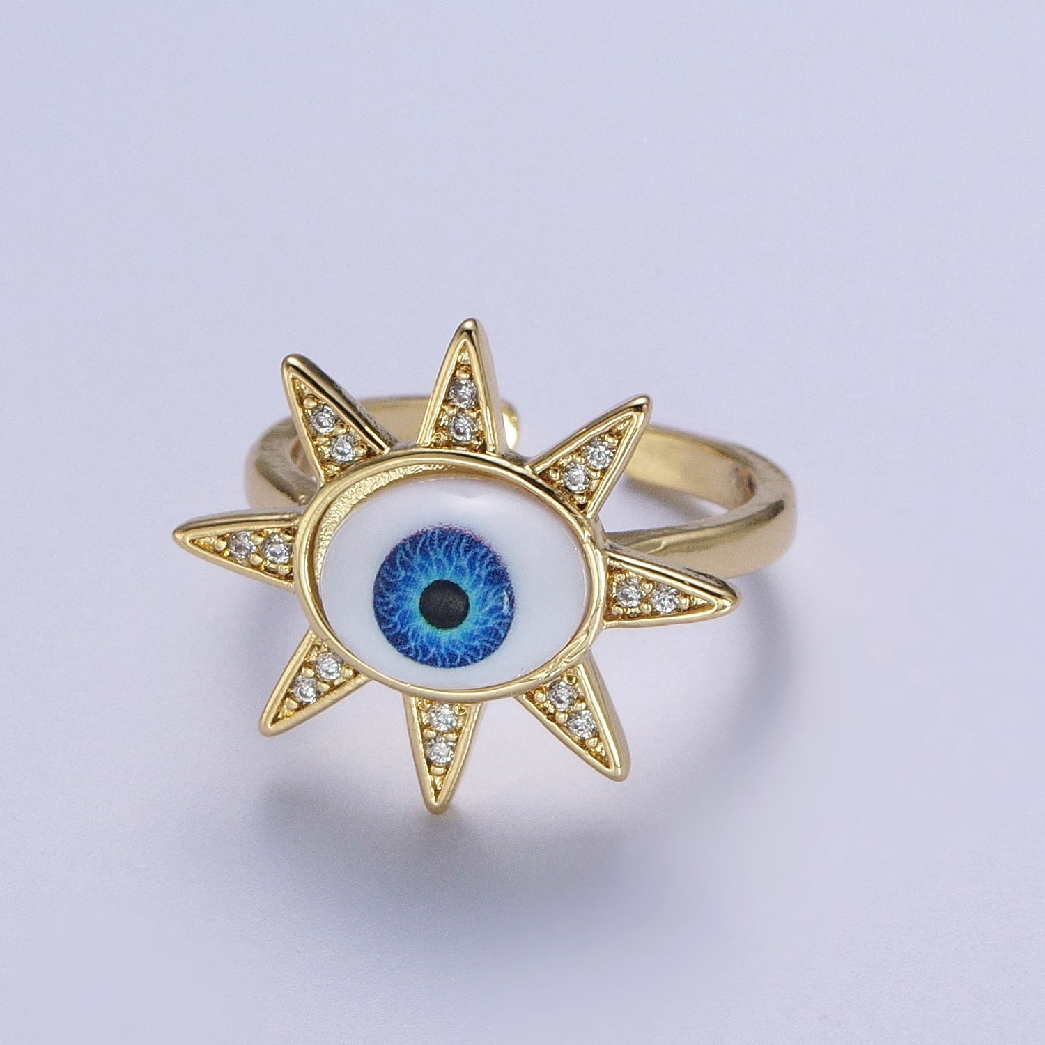 Blue Evil Eye of Ra Celestial Sun Star Micro Paved CZ Bezel Gold Adjustable Protection Ring | V062 - DLUXCA