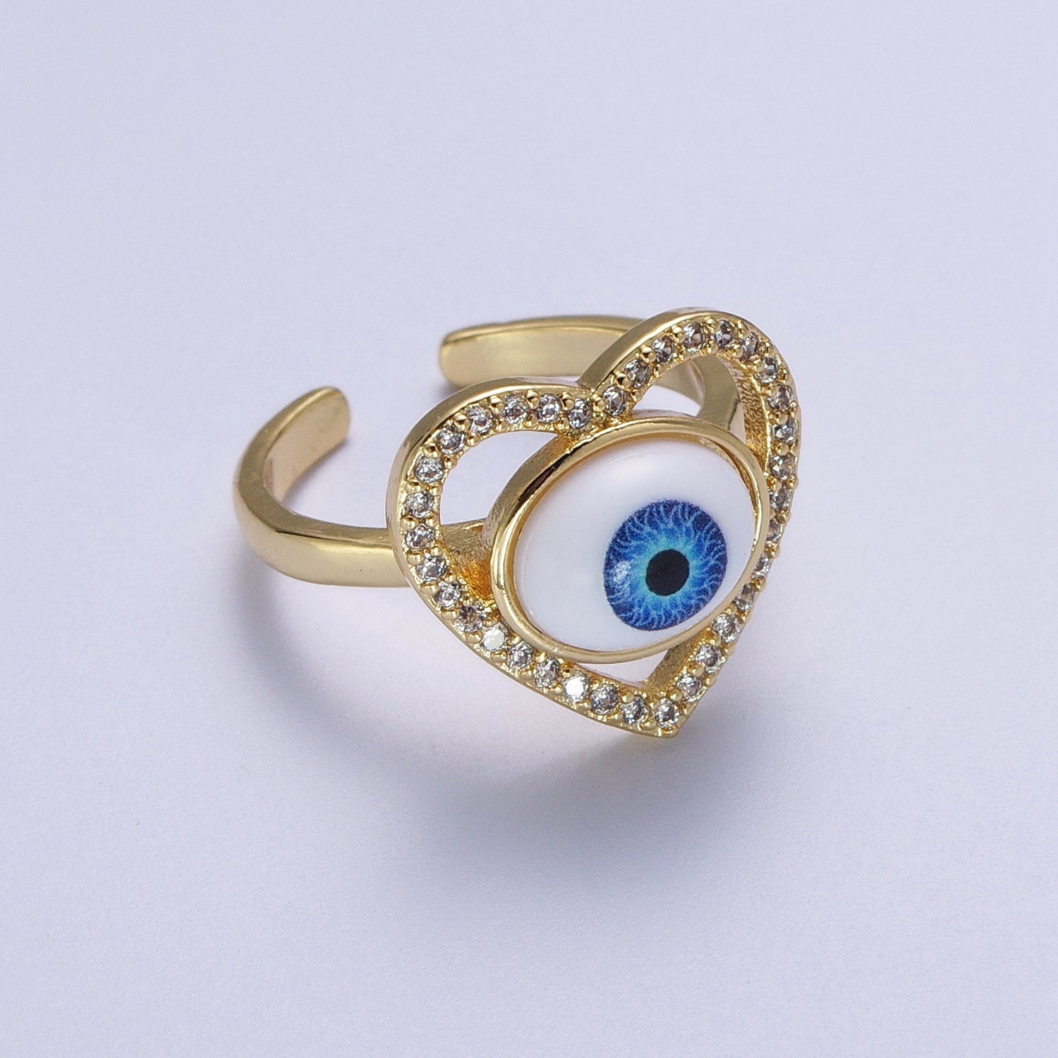 Blue Evil Eye of Ra Heart Love Micro Paved CZ Bezel Gold Adjustable Protection Ring | V064 - DLUXCA