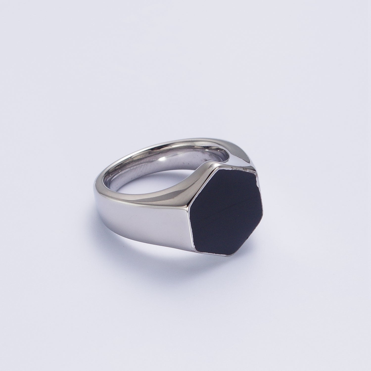 Black Cubic Zirconia CZ Hexagonal Signet Stainless Steel in Gold & Silver | V087-V090 - DLUXCA