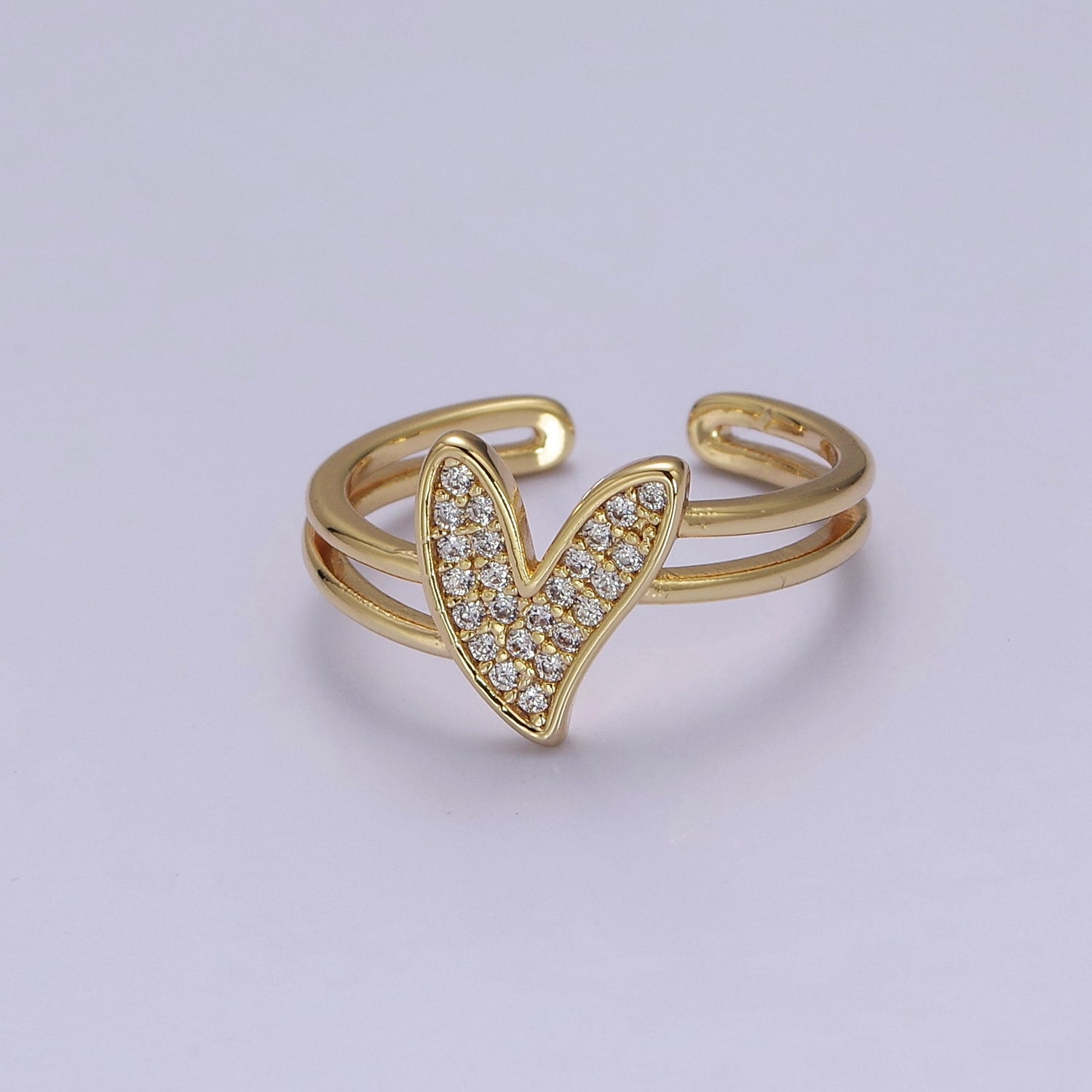 Dainty Double Band Heart Ring with Clear CZ Stone Gold Filled Open Adjustable V-185 - DLUXCA