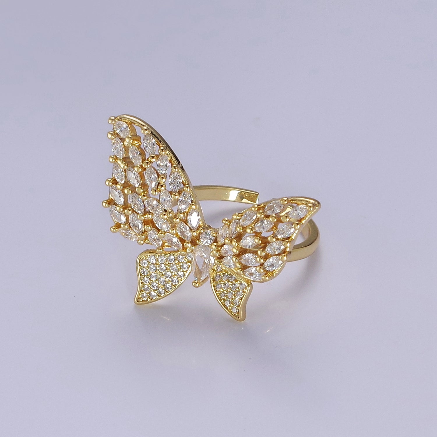 Big CZ Butterfly Ring | adjustable Statement Ring in 14k Gold Filled V-194 - DLUXCA