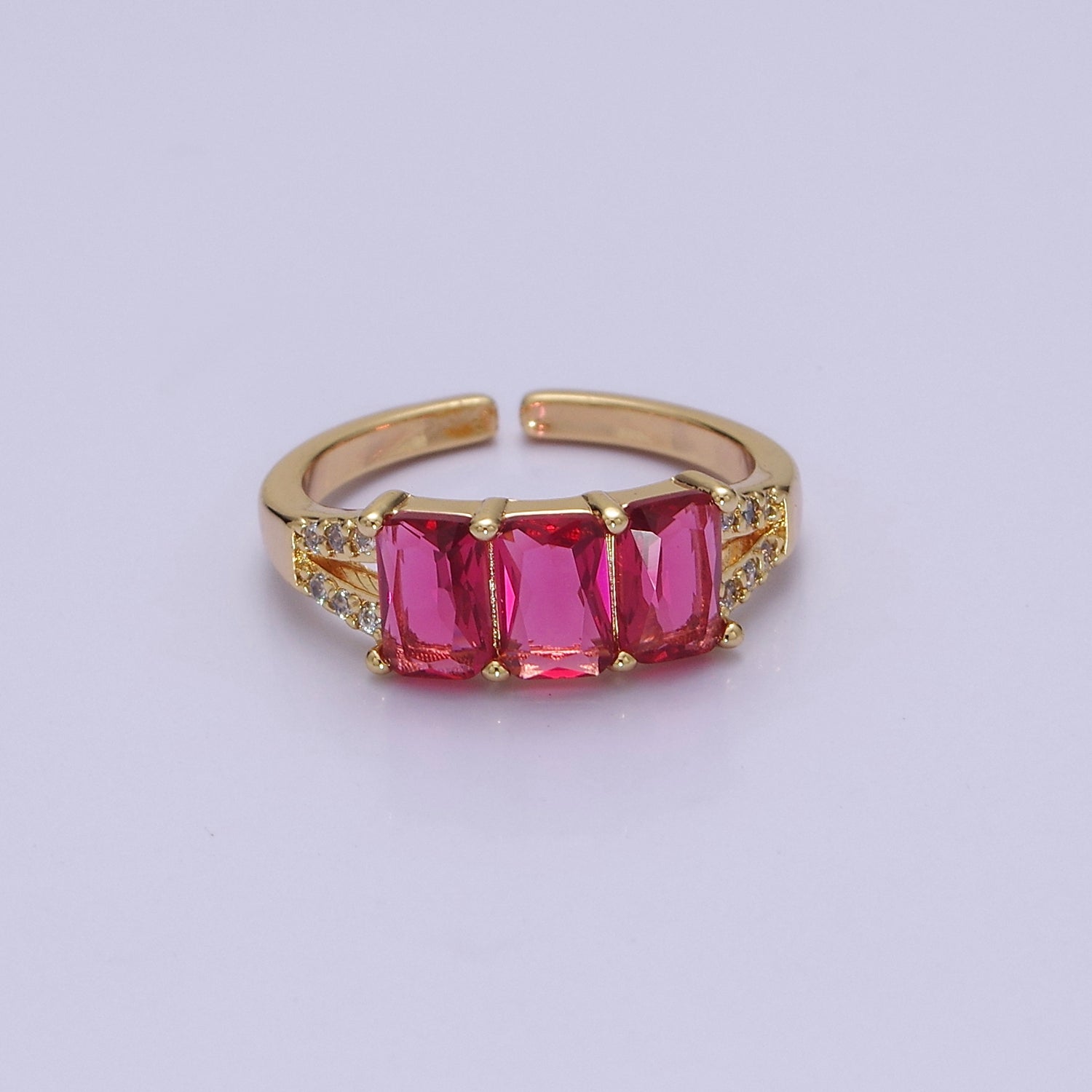 Three Pink Fuchsia Emerald Cut CZ Gold Band Open Adjustable Statement Jewelry V-223 - DLUXCA