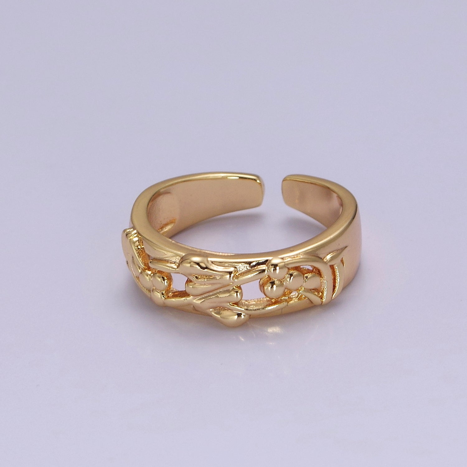 Dainty Art Deco Ring Flower Carved Design 18k Gold Filled Open Adjustable Ring V-226 - DLUXCA