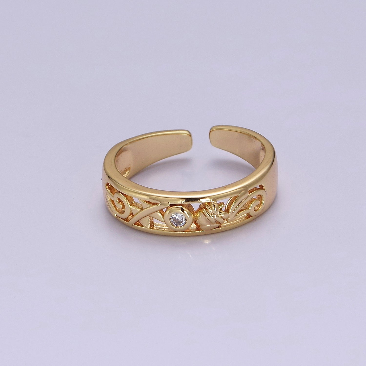 Dainty Gold Ring Carved Art with Round Bezel Cut Cz Stone V-232 - DLUXCA