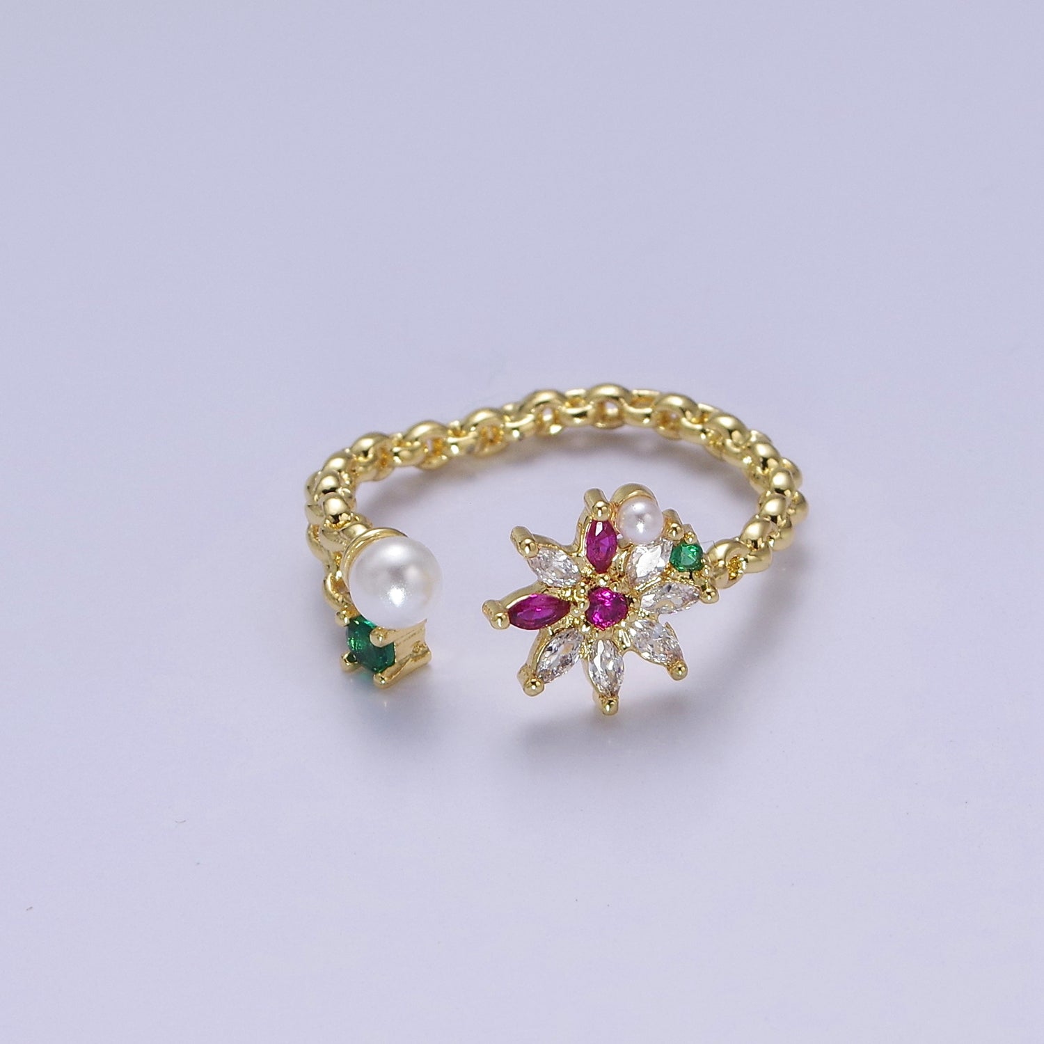 Dainty Pearl Flower Ring with Color Cz Stone V-254 - DLUXCA