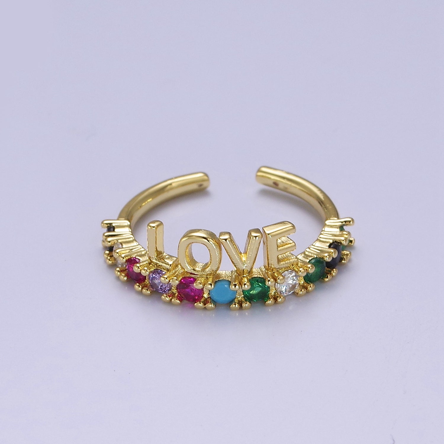 Dainty Love Script with Color CZ Stone Ring Gold Ring V-258 - DLUXCA