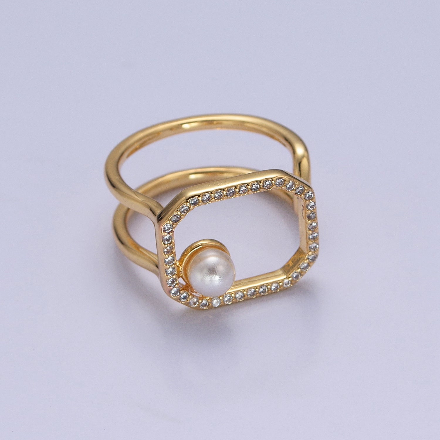 Chunky Square CZ Ring with Pearl Double Band Ring Open Adjustable V-288 - DLUXCA