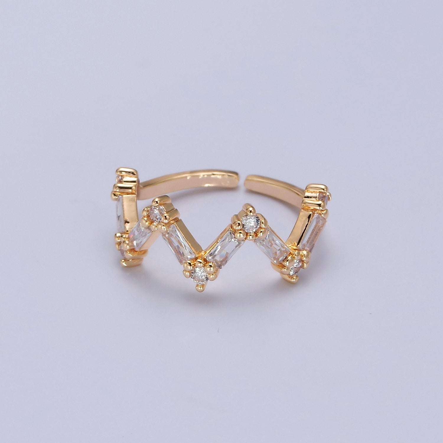 Dainty Highs And Lows Wave Ring • Clear Baguette Ring Adjustable Open Ring V-294 - DLUXCA