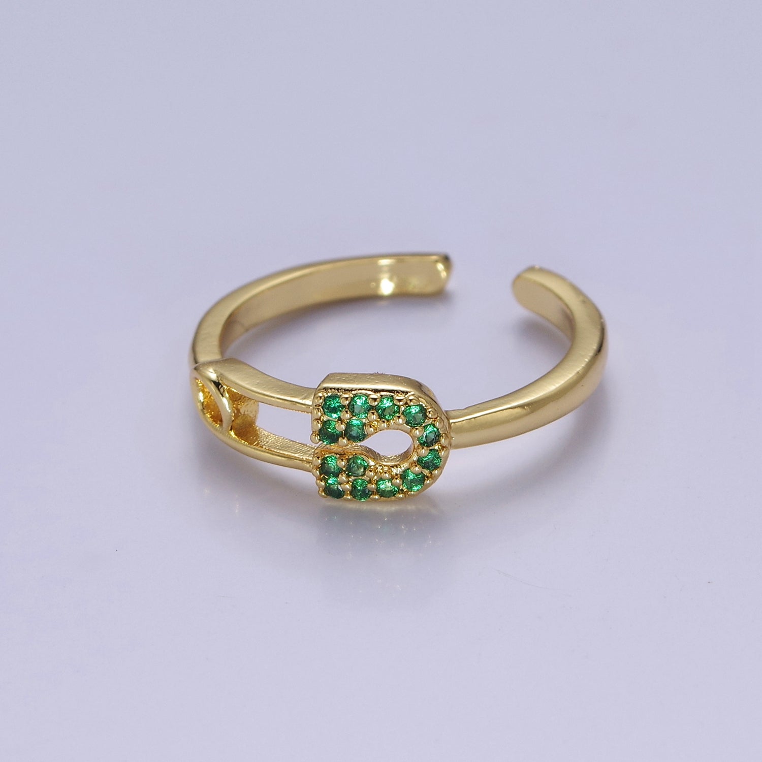 24k Gold Filled Tiny Safety Pin Ring | Emerald Green Micro Pave Dainty Ring V-329 - DLUXCA