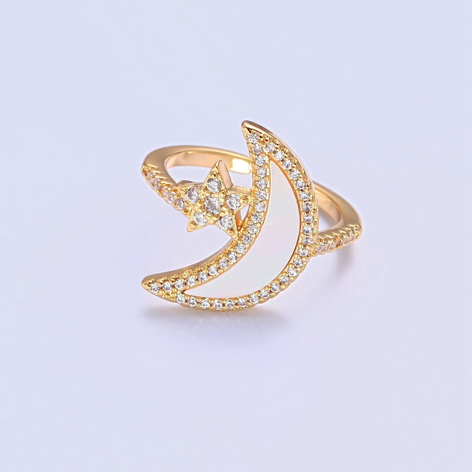 Adjustable 14k Gold Filled Moon Celestial Ring with Clear Crystal Detail, Pearl Celestial Pave Jewelry V-353 - DLUXCA