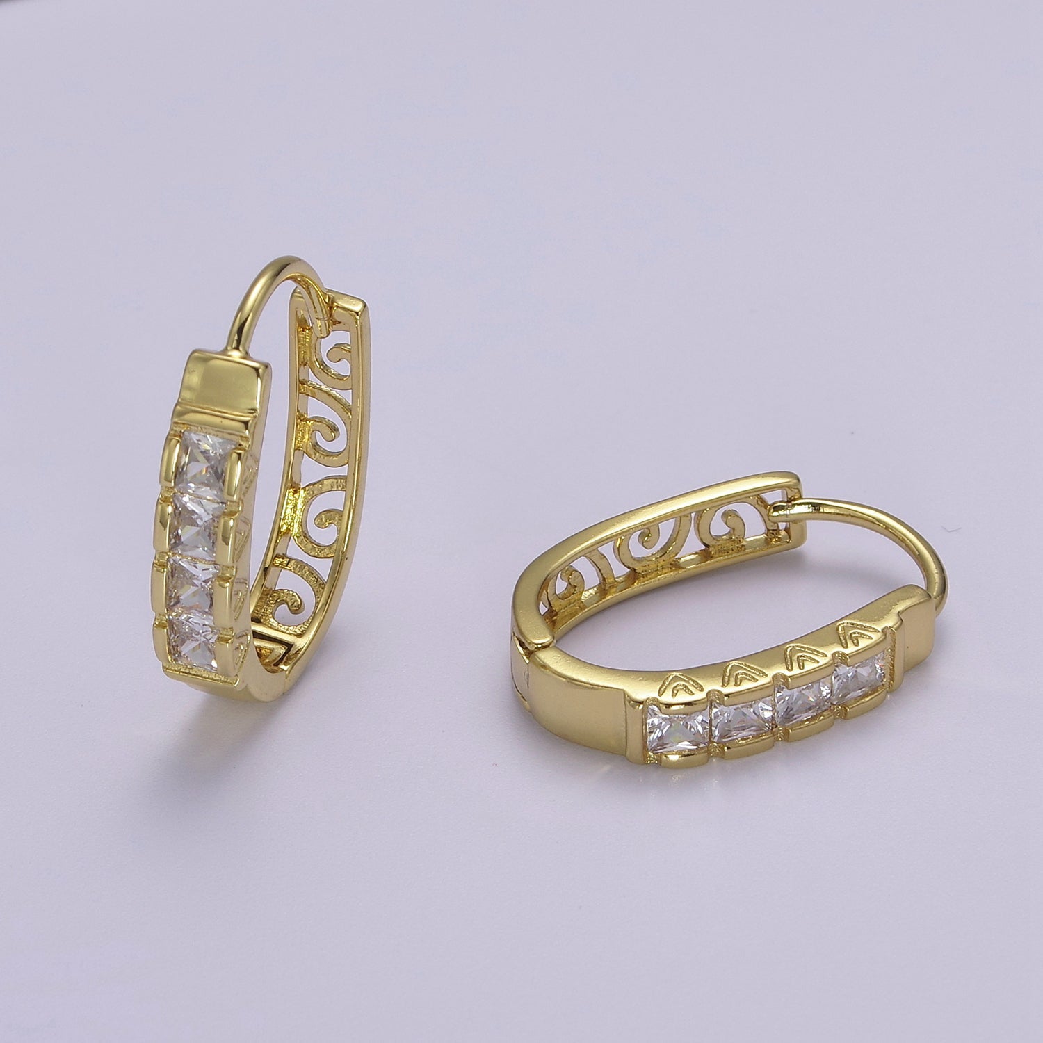 Vintage Gold Hoop Earring with CZ Stone Classic oval Hoop Earring V-369 - DLUXCA